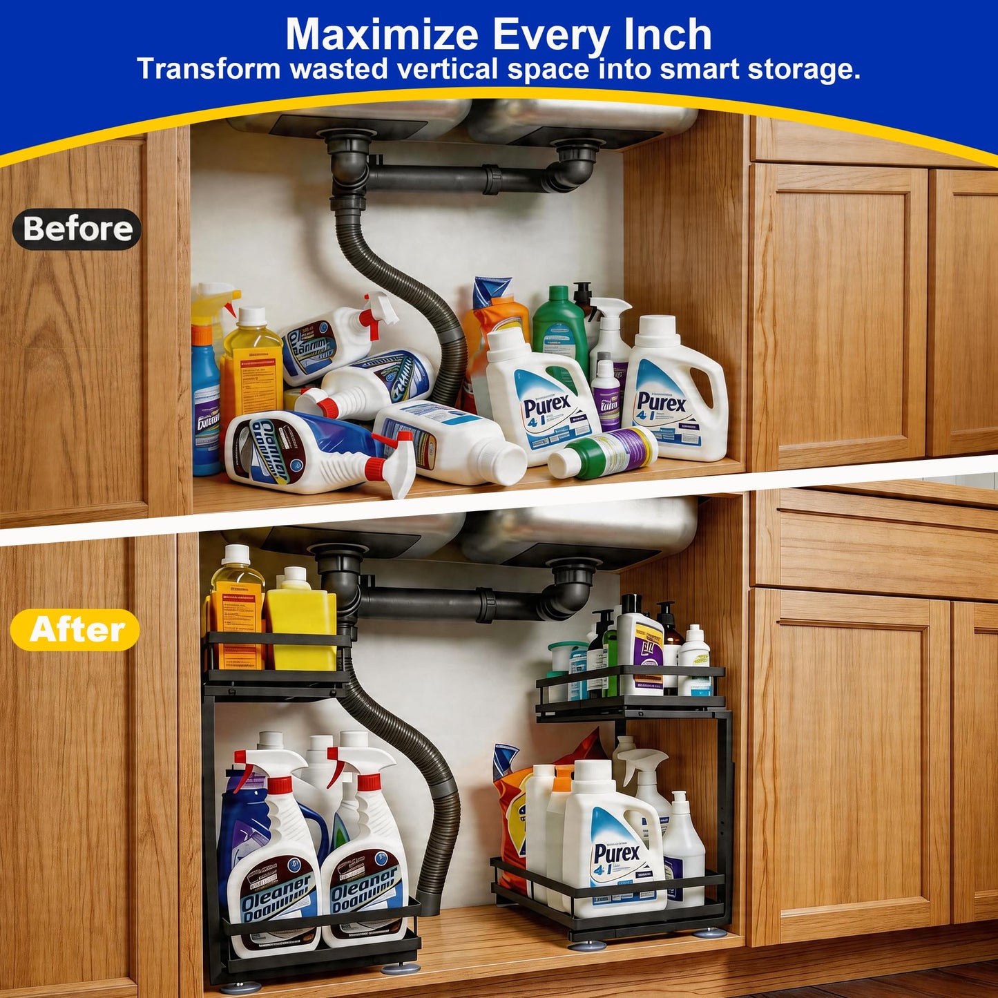 Under Sink Organizer, Dual-Rail Ball-Bearing, Under Kitchen Sink Organizer, 6-Level Adjustable, Under Cabinet Organizer, No-Drill Adhesive/Suction, Under Sink Storage (Black, Double Layer - 2 Pack)