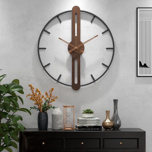DAYDAYART Modern Walnut Dial Wall Clock, Wood Large Wall Clock Decor Metal Frame Silent Non Ticking for Living Room, Bedroom, Kitchen, Study Decoration, Handmade Home Present Idea, 20 in （50 cm）
