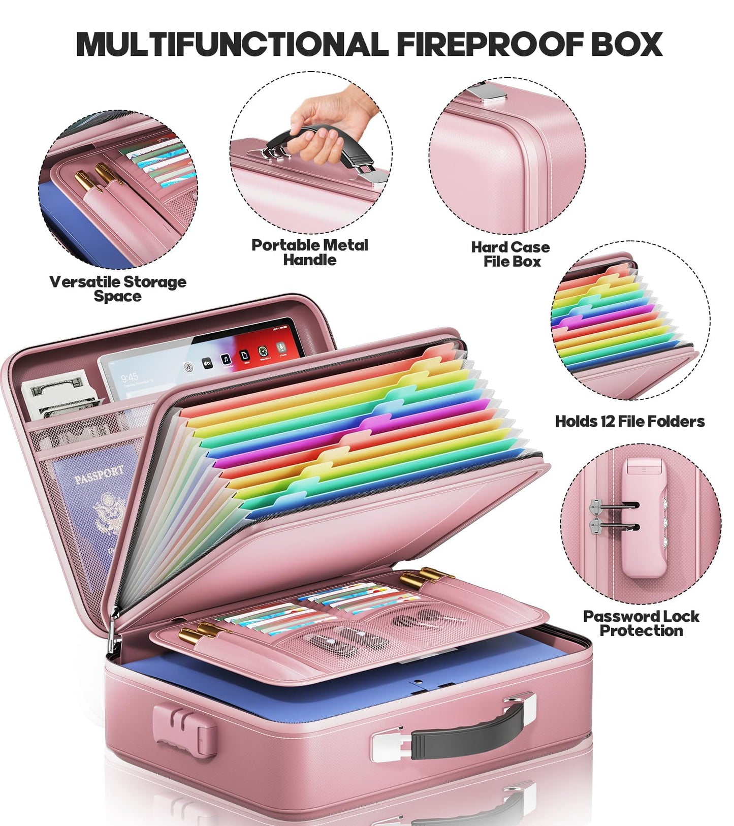 BigPonPon Fireproof Document Box, Hard Case Highly Flame-Resistant Fire Proof Waterproof File Organizer with Lock, Portable Fire Safe for Important Documents & Valuables Storage (Pink, ‎14"*11"*5")