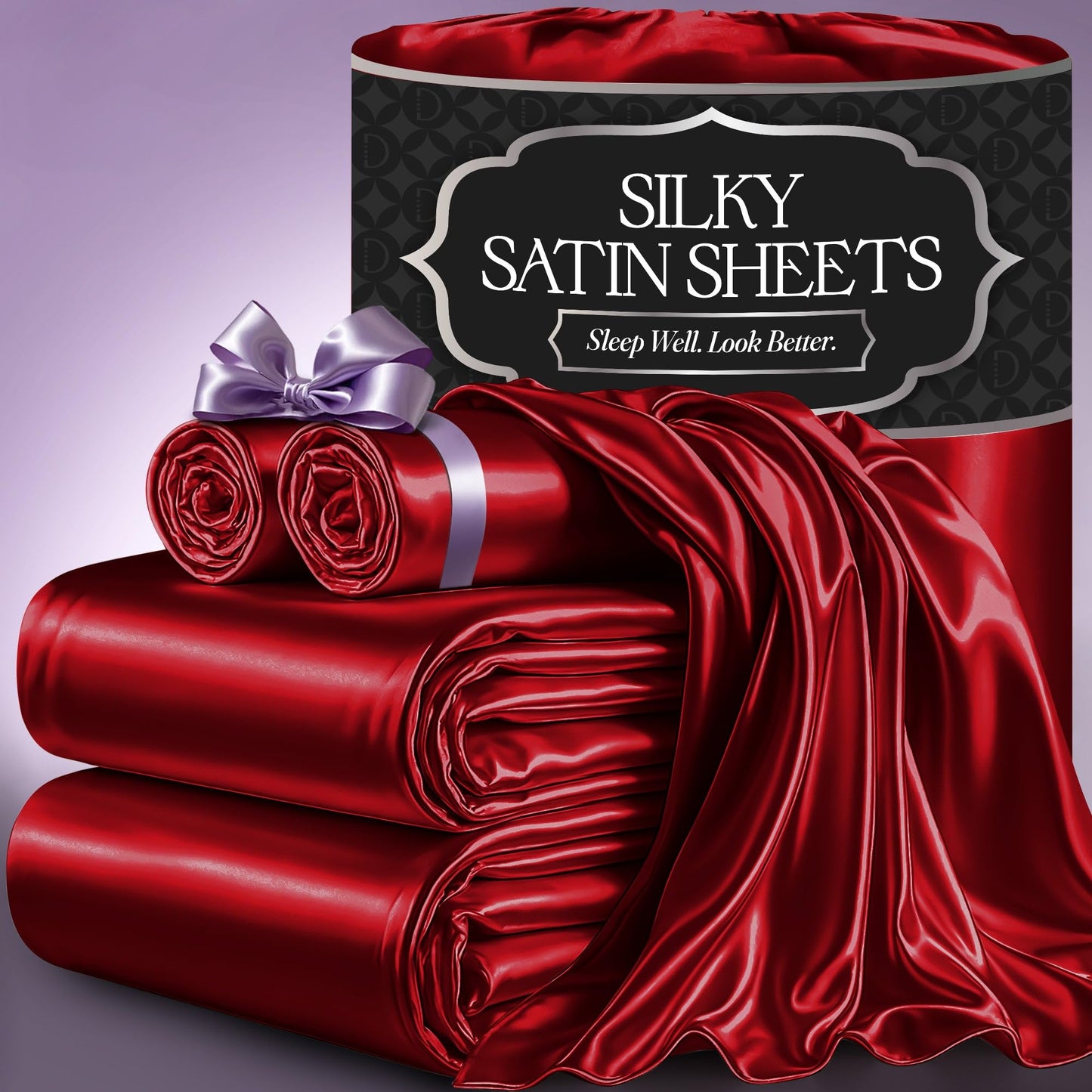 DECOLURE Satin Bed Sheets - 4 Piece Luxury Silky King Size Bedding Set - Softer Than Silk, Wrinkle-Free with 15” Deep Pocket Fitted Sheet, Perfect for Hair & Skin, Gifts for Women (Red)