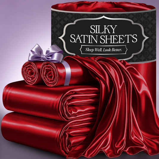 DECOLURE Satin Bed Sheets - 4 Piece Luxury Silky King Size Bedding Set - Softer Than Silk, Wrinkle-Free with 15” Deep Pocket Fitted Sheet, Perfect for Hair & Skin, Gifts for Women (Red)