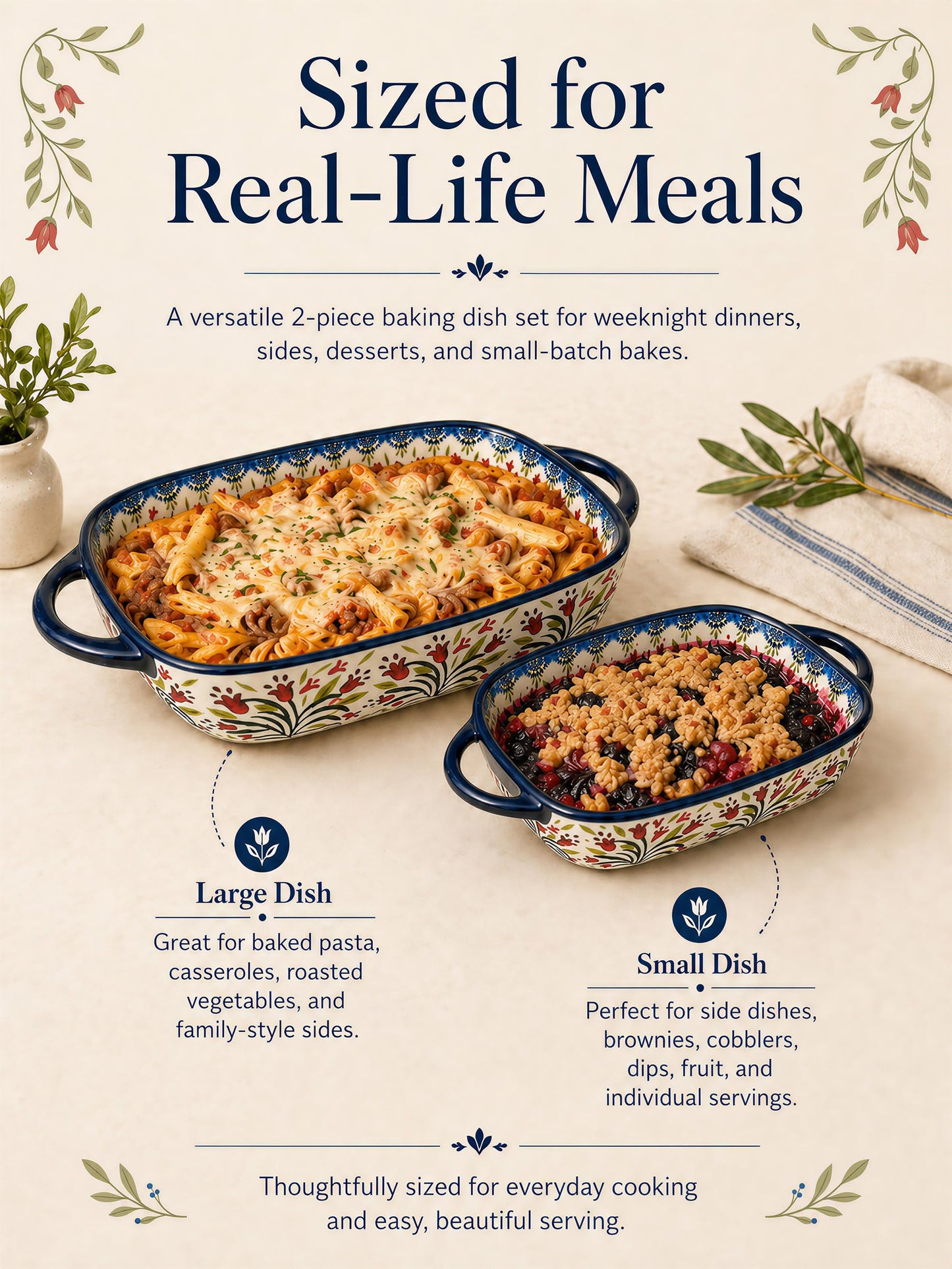 Polish Pottery Style Ceramic Baking Dish Set, 2-Piece Large & Small Casserole Bakers for 2–3 People, Floral Oven-to-Table Bakeware, Microwave & Dishwasher Safe, Gift-Ready with Protective Packaging
