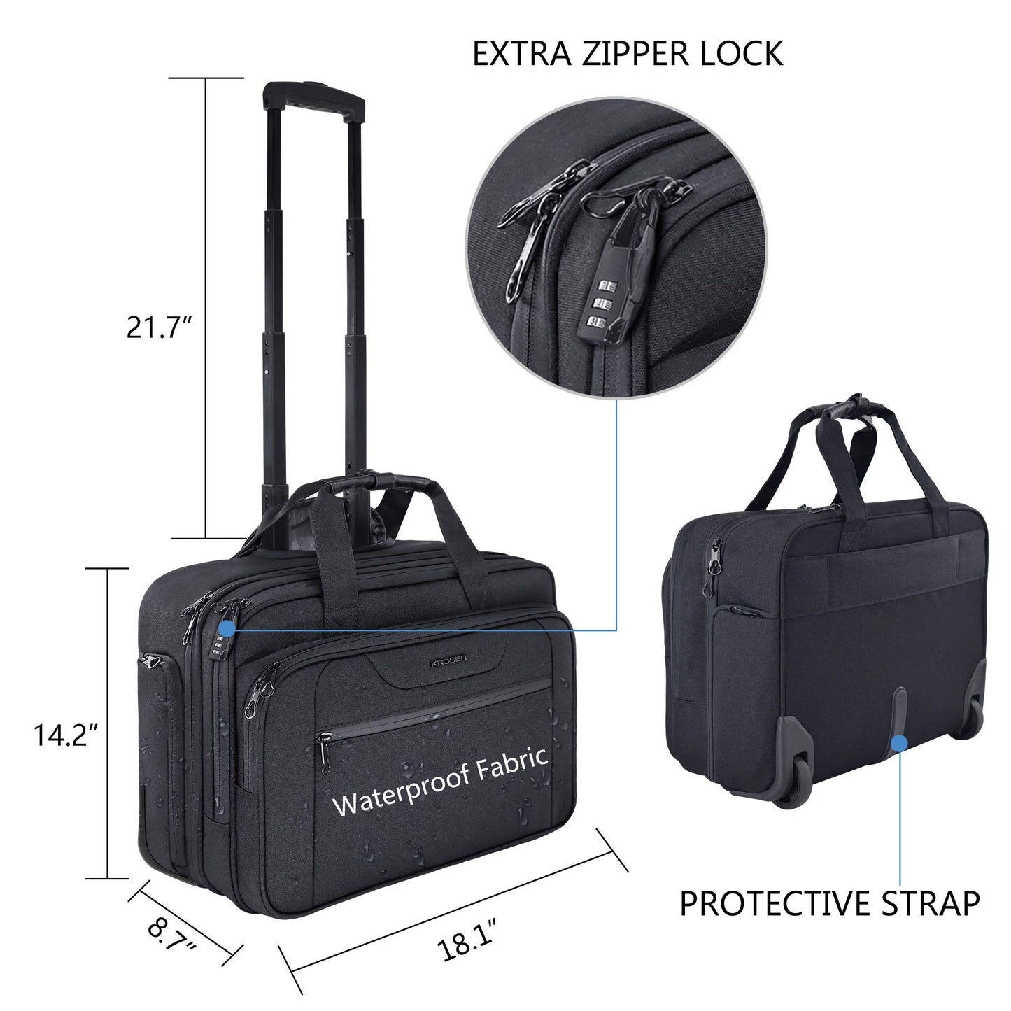 KROSER Rolling Laptop Bag Premium Wheeled Briefcase Fits Up to 17.3 Inch Laptop Overnight Roller Case Computer Bag with RFID Pockets for Travel/Business/Men/Women-Black