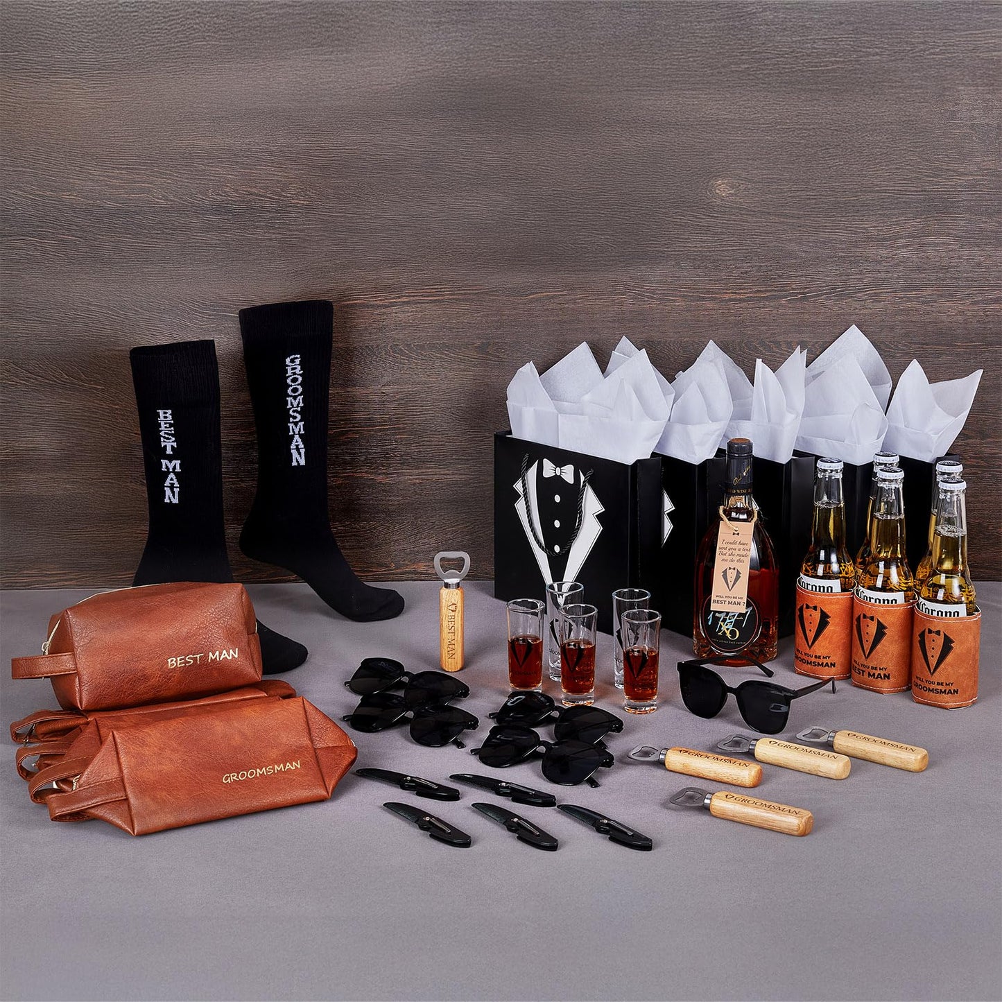 70Pcs Groomsmen Gifts Groomsmen Proposal Box with Shot Glasses Socks Sunglasses PU Leather Toiletry Bag Bottle Opener Can Cooler Groomsman Gifts for Wedding Groomsmen Best Man Gift (70, Brown)