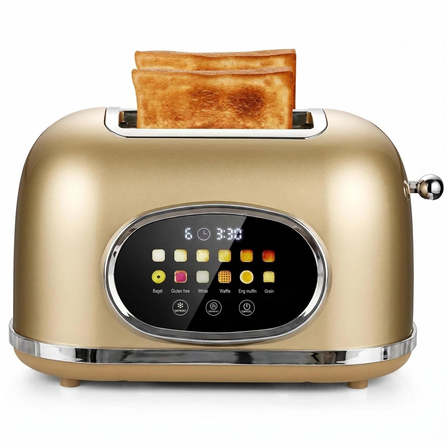 Roter Mond 2 Slice Toaster Smart Touch Screen, Retro Stainless Steel Bread Toaster with Digital Timer, Sleep Mode, Bagel, Cancel, and Defrost Functions, 6 Bread Types and Shade Settings, Gold