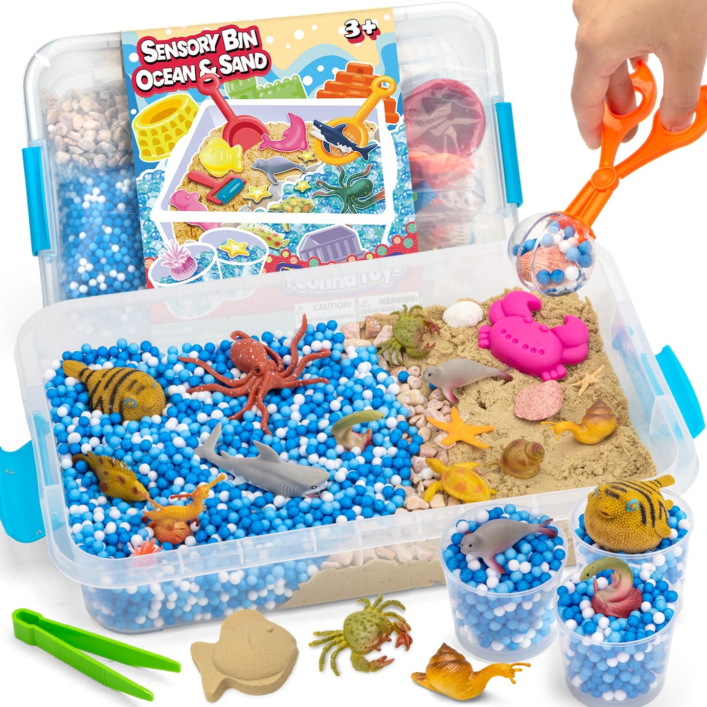 Ocean&Sand Sensory Bin with Lid, 42 Pcs Sensory Sand Kit with Sea Animals for Kids, Birthday Christmas Gifts for Boys Girls, Preschool Learning Activities Tools Box, Outdoor Sandbox Toys for Kids