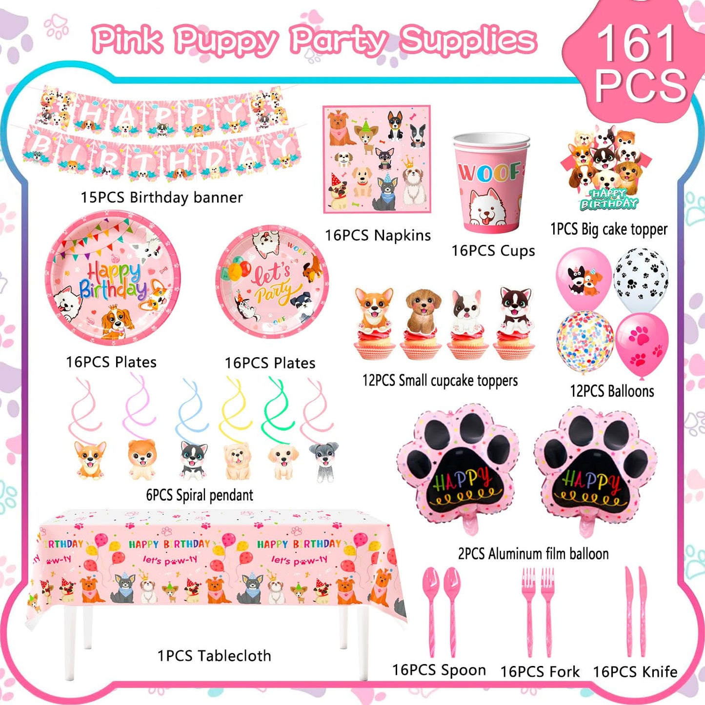 Pink Puppy Birthday Decorations Tableware for 16 Guests, Pink Puppy Plates Cups Napkins Dog Party Banner Balloons Cupcake Toppers etc Dog Birthday Party Supplies