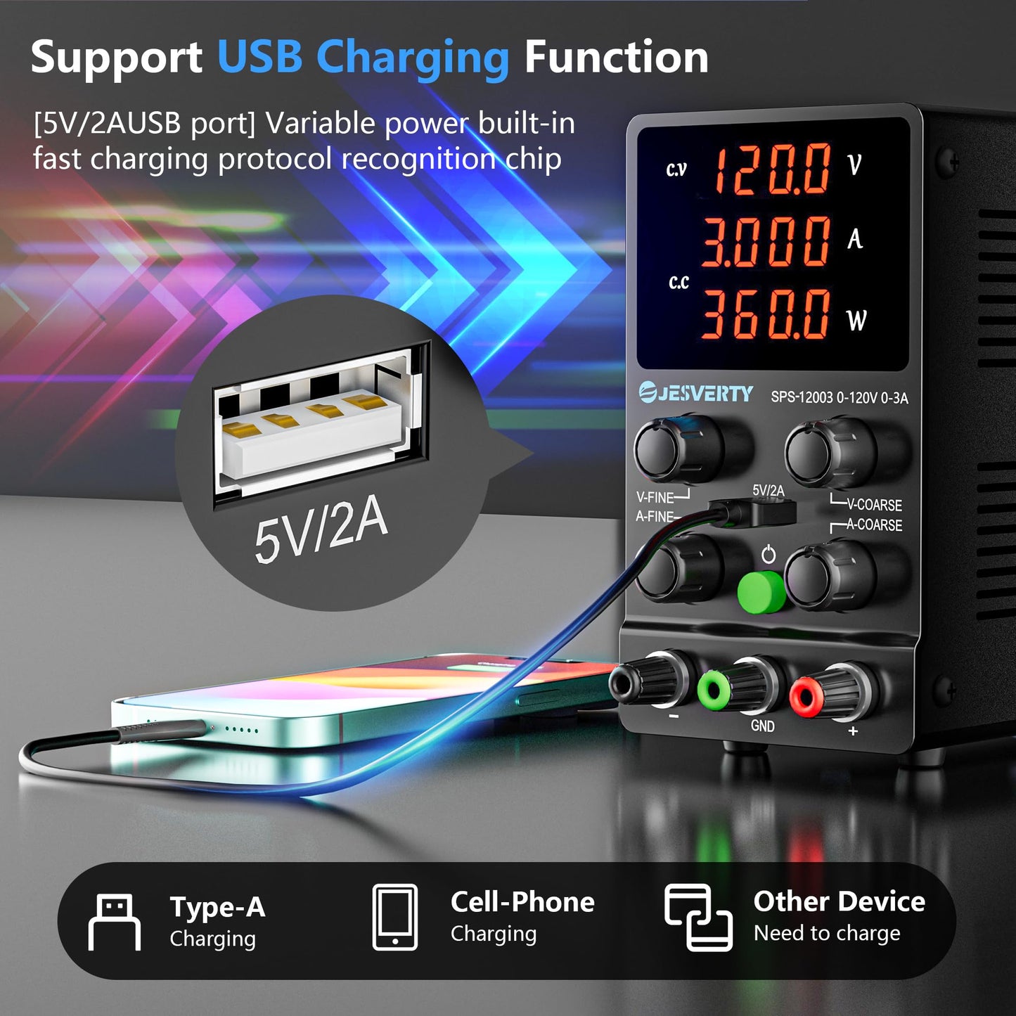 Jesverty DC Power Supply Variable, 0-120V 0-3A Adjustable Switching DC Regulated Bench Power Supply with High Precision 4-Digit LED Display, 5V/2A USB Port, Coarse and Fine Adjustment SPS-12003