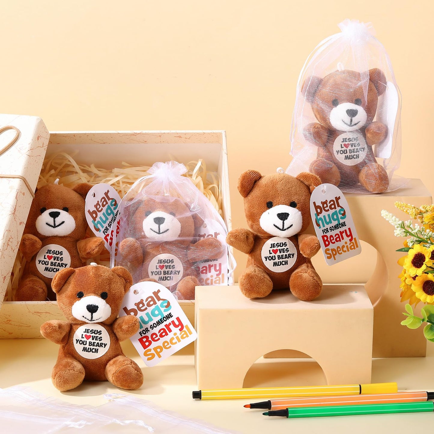 Silipull 18 Pcs Jesus Loves You Beary Much Stuffed Bears Gifts 4" Religious Plush Christian Bible Verse Bears for Religious Vbs Party Favor Gift Box Stuffers