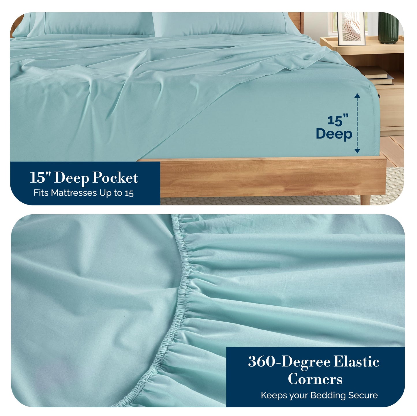 Casa Platino Queen Sheets Sets – 100% Cotton Queen Sheets Cooling with 4 Pillowcases, 15" Deep Pocket Fitted Sheet, Crisp & Smooth Feel, Ultra Soft & Cozy, Fit – Blue Sky