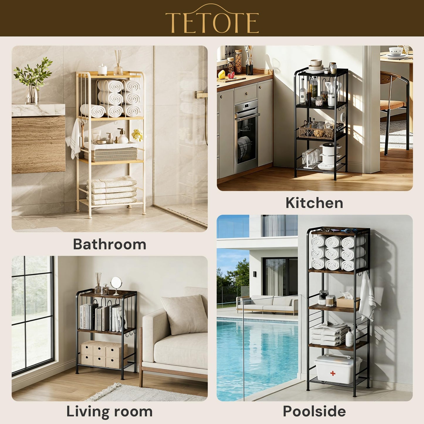 TETOTE 4-Tier Towel Rack, M-Shaped Detachable Dividers Towel Shelf with Hooks for Bathroom, Free Standing Pool Towel Holder Space-Saving Organizer, Rustic