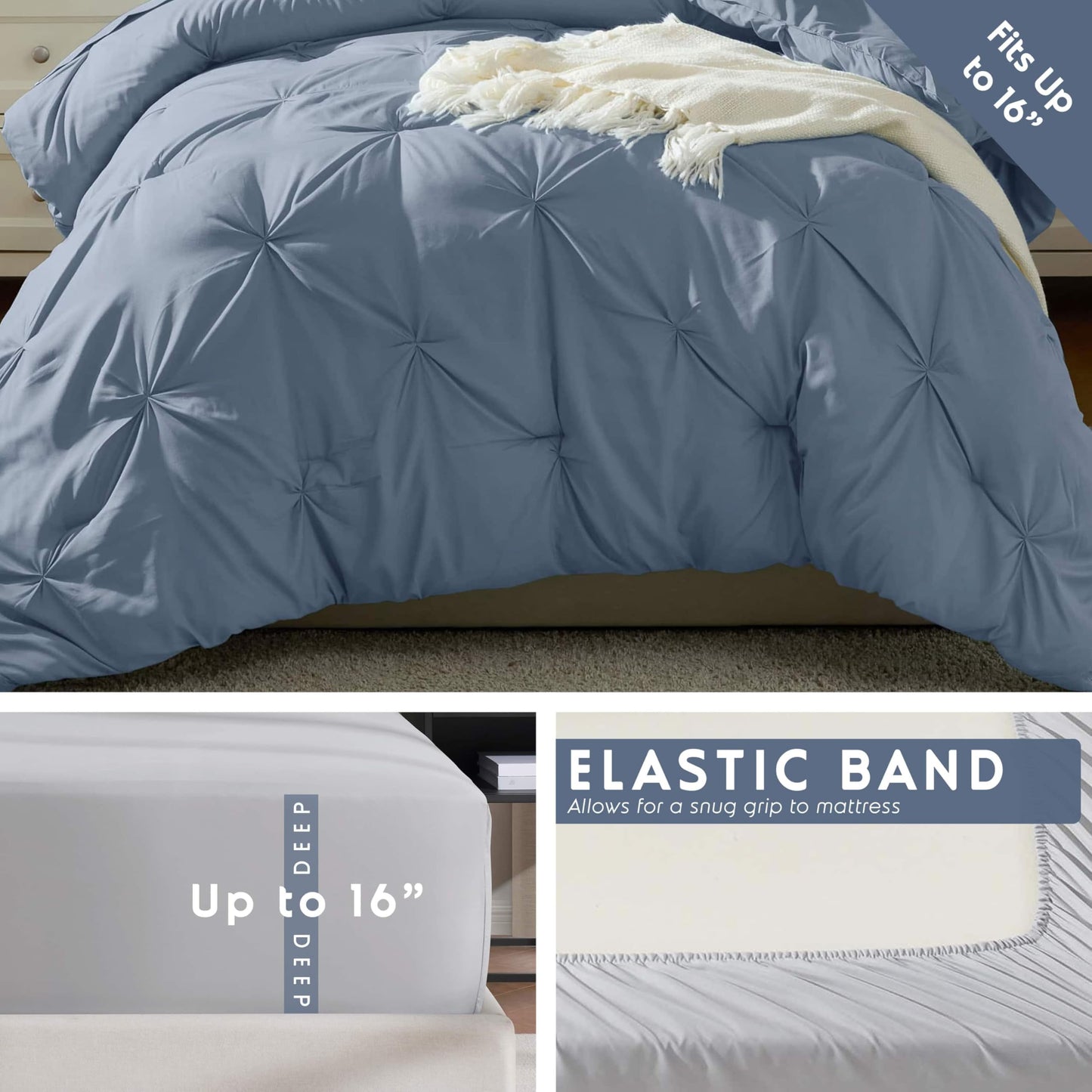 Nestl Twin XL Comforter Set 5 Piece - Pintuck Twin XL Bedding Set Stone Blue, College Dorm Room Essentials Bed in a Bag, Twin XL Comforter Set for College Girls & Boys with Sheets, Pillowcase and Sham