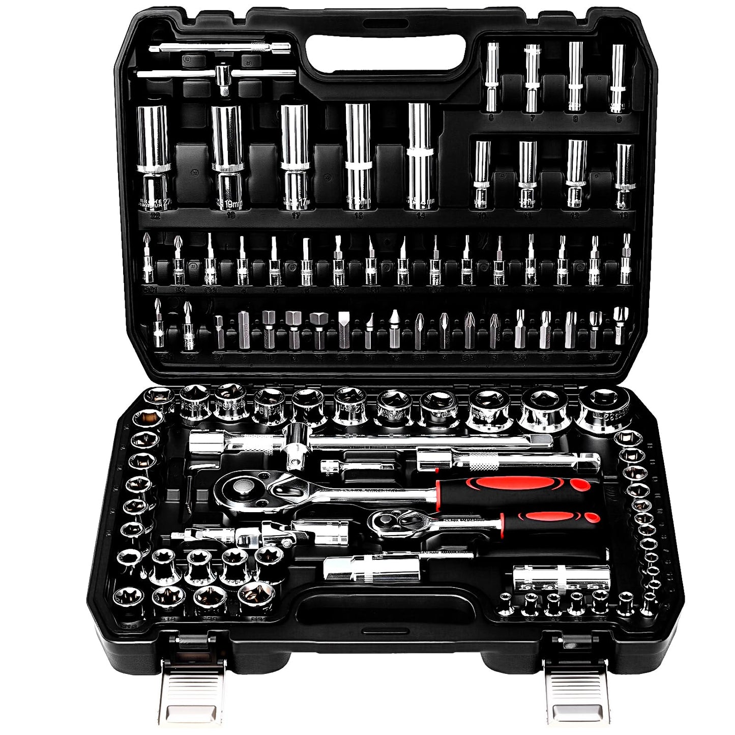 TLGREEN 108 Pcs Mechanic Socket Tool Kit,CR-V Steel Metric And 1/4" & 1/2" Ratchet set,Universal Joint,Extension Bars,Adapter,Quick Release Ratchet Wrench,Tool Box Set for Car Garage Dorm