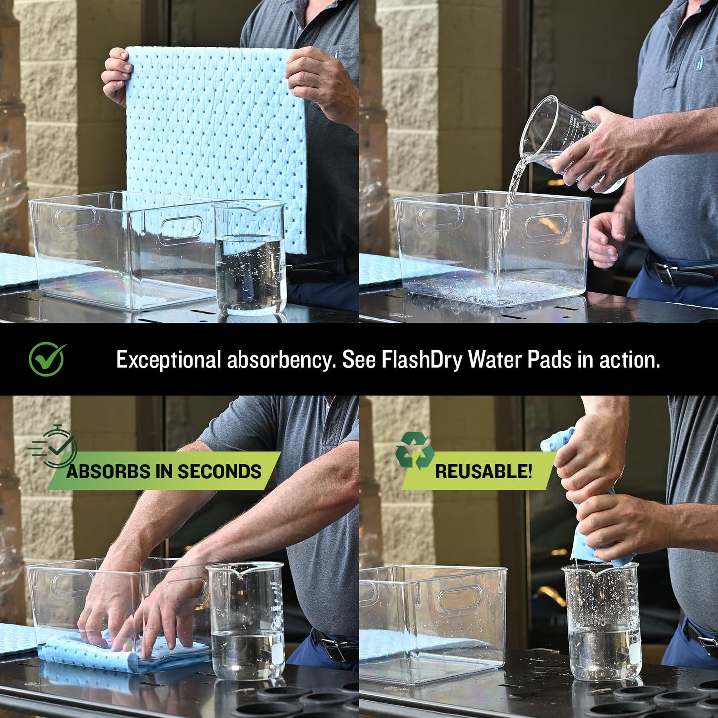FlashDry Water Absorbent Pads 100 per Box, 17.5"x13.5" - Reusable and Hand Wringable Pads, Ideal for Water Leaks, Spills, Storm Damage Cleanup, Perfect for Basements, Garages, and Under-Sink Cabinets