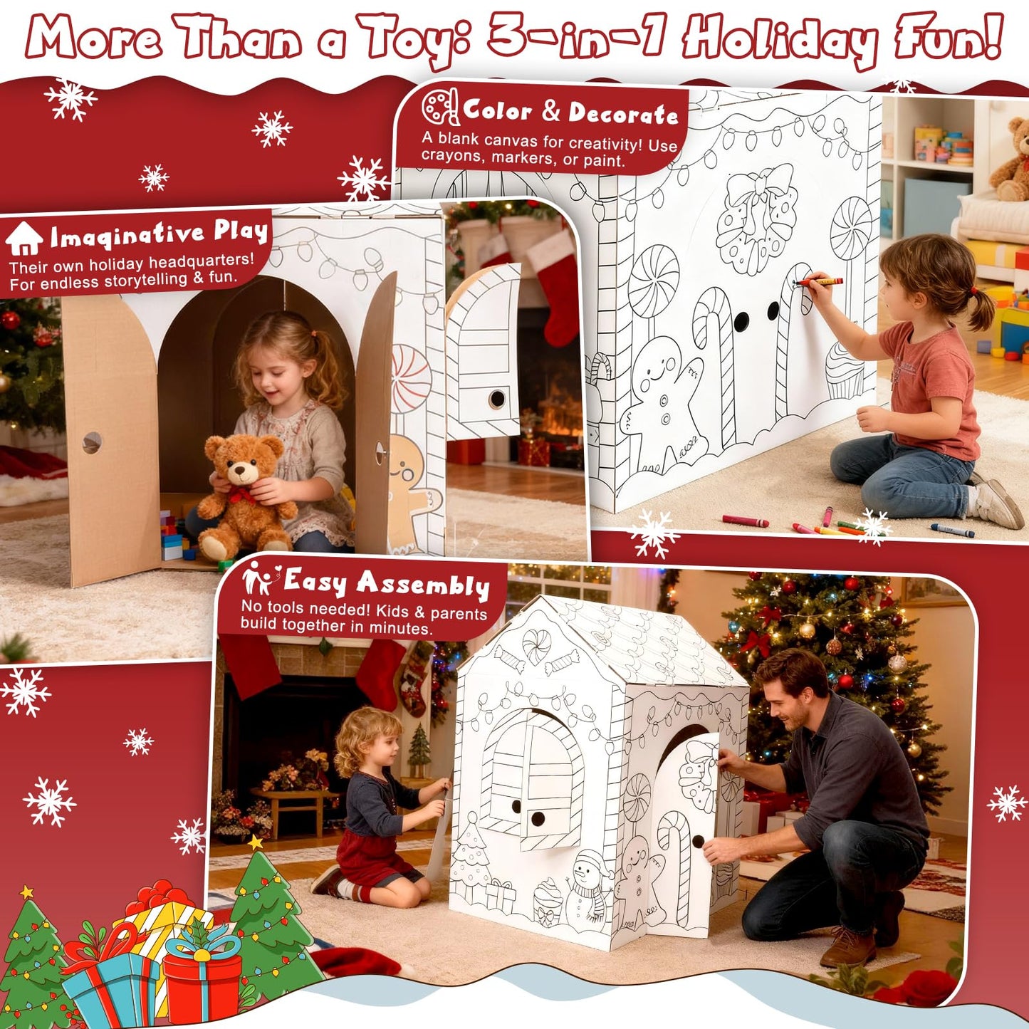 kockuu Gingerbread Cardboard House to Color for Kids Toddlers, Large Gingerbread Cardboard Coloring House Playhouse Christmas Arts & Crafts Activity Indoor Fun, 40" x 32" x 26"