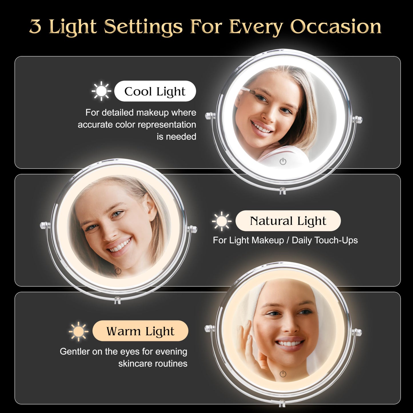 MIRRORVANA Ultra Zoom 20X Magnifying Lighted Table Mirror for Makeup - 20X & 1X Dual Sided LED Make-up Mirror with 3 Light Modes, Rechargeable Battery with USB Cable - 8" Wide & 15" Tall (Chrome)