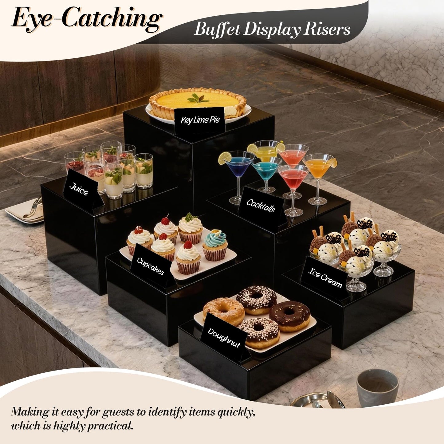 6 Pcs Buffet Risers with Mini Sign and Maker, Black Food Risers Display Stand for Buffet Table Party Catering Dessert Jewelry Collectibles, Nesting Cube Boxes with Hollow Bottoms (8",7",6",5",4",3")
