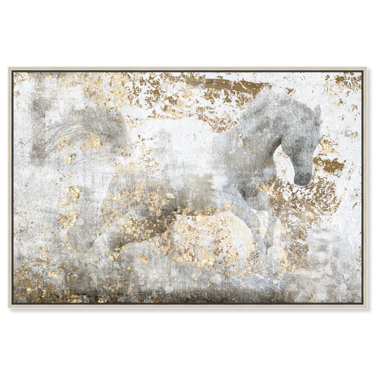 Country Farmhouse Canvas Print Painting Animal Wall Art 'Running Horse' Champagne Framed Canvas Rustic Home Décor 15x10 in White, Gold by Oliver Gal