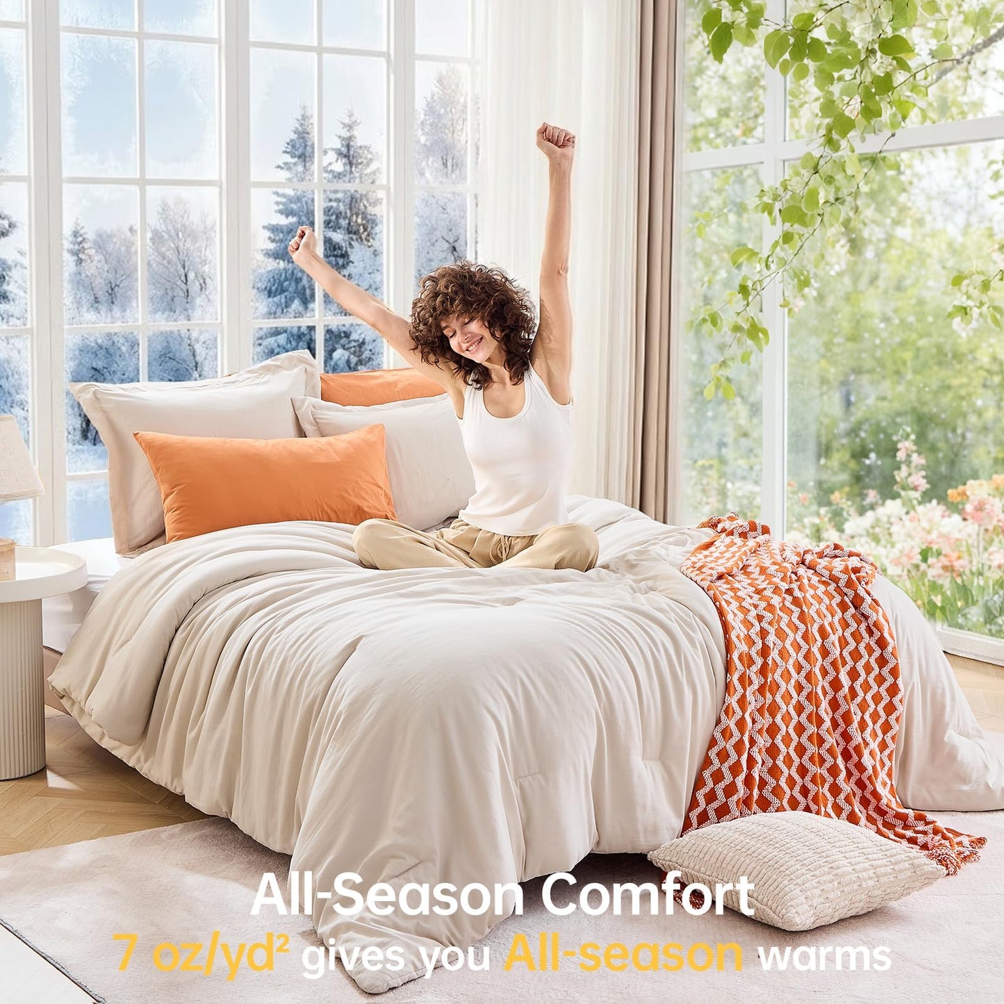 MUXHOMO Beige Oversized King Comforter Sets, All Season Ultra Soft Down Alternative Bedding - 3 Piece Lightweight Bed Set Includes 1 Comforter (120"x98") and 2 Pillow Shams (20"x36")