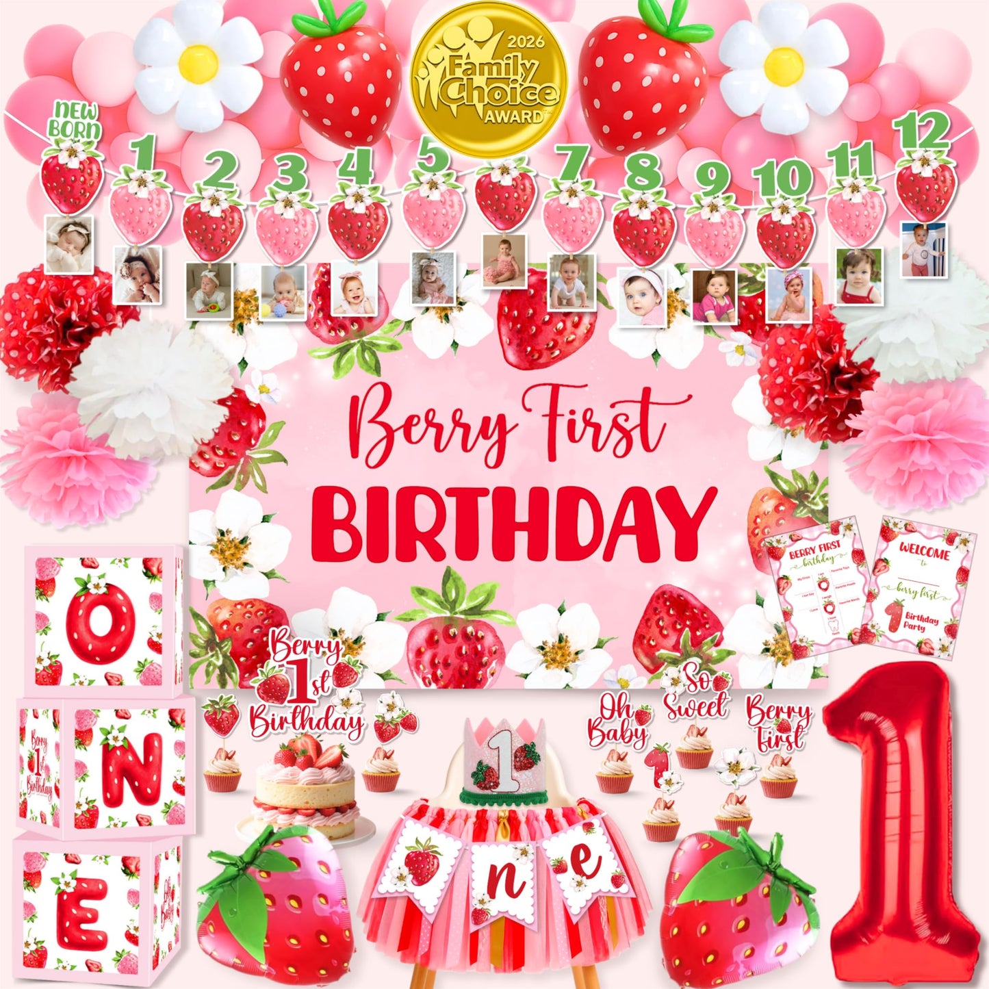 RainMeadow Premium Berry First Birthday Decorations Set - Strawberry 1st Birthday Decorations Girl with Banner, Balloons, High Chair Tutu, Cake Toppers, Milestone Garland & More for Baby Girls