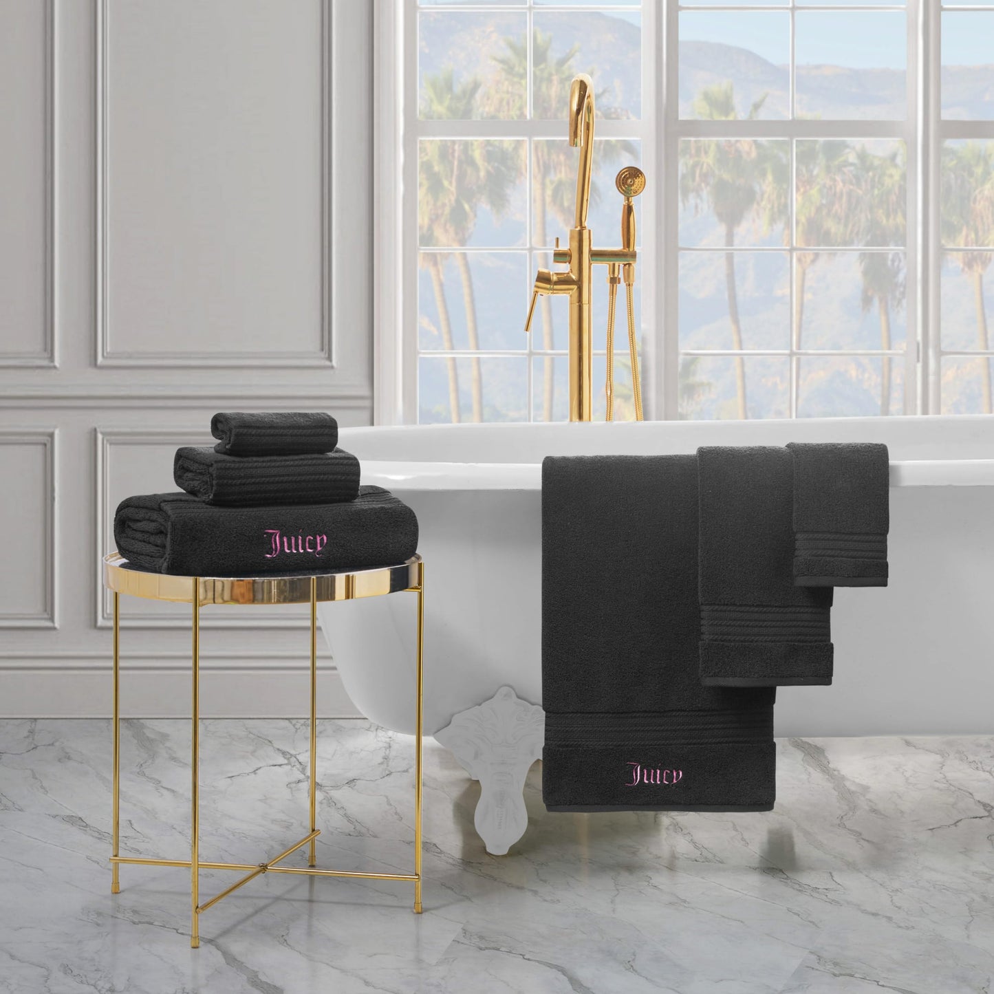 Juicy Couture Alyssa Luxurious 6 Piece Bath Towel Set - (2) Bath Towels, (2) Hand Towels, and (2) Washcloths - Black Premium Bathroom Towel Set