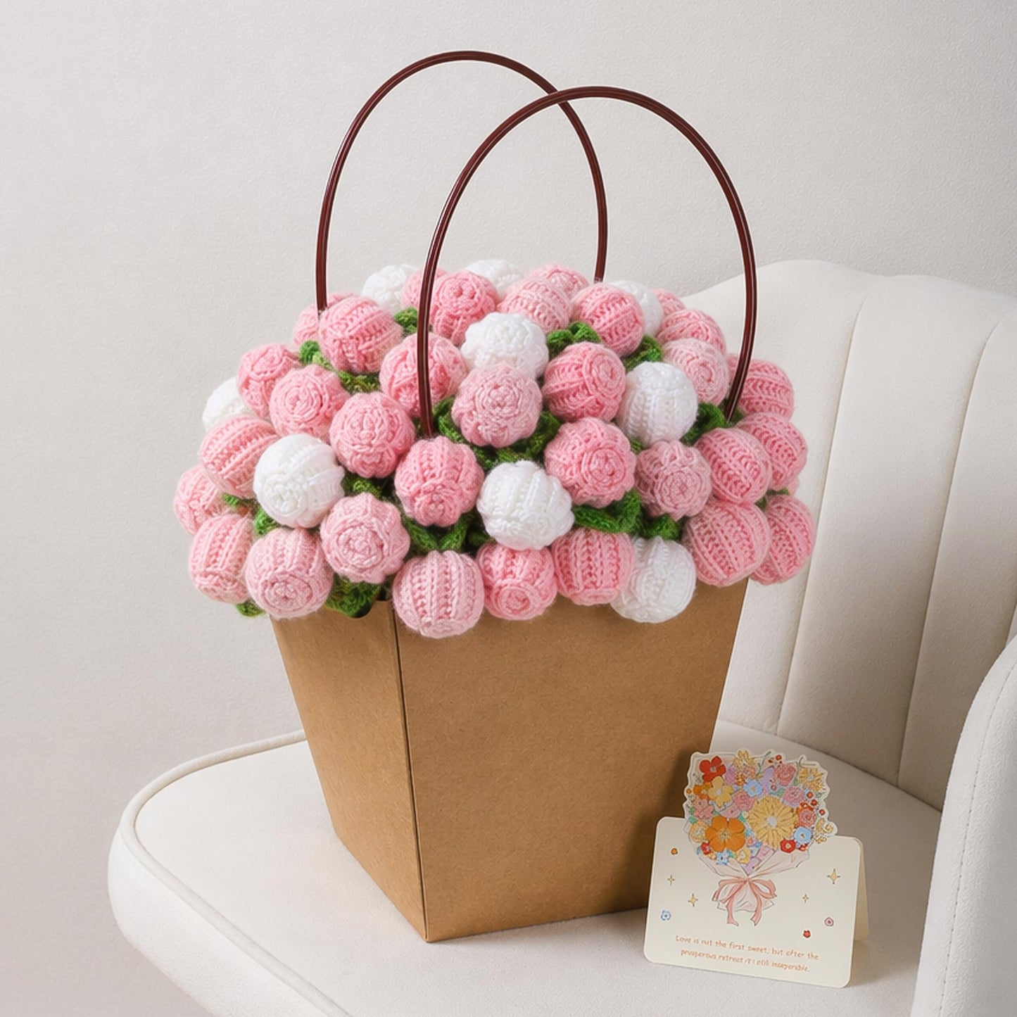 Crochet Flower Bouquet Throw Blanket, 43inch Handmade Knitted Blanket with Rose Flowers, Cute Romantic Gift for Her Girlfriend Mom Mother’s Day Valentine Wedding Anniversary Birthday, Pink and White