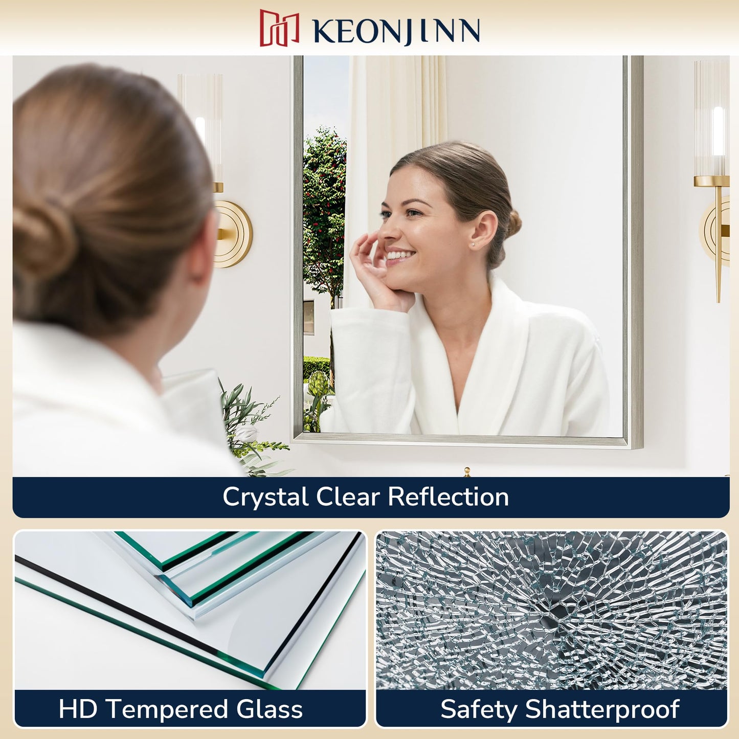 Keonjinn 22 x 30 Inch Brushed Nickel Bathroom Mirrors for Over Sink, Beveled Rectangle Framed Mirrors for Wall, Farmhouse Bathroom Vanity Mirror, Tempered Glass, Square Corner
