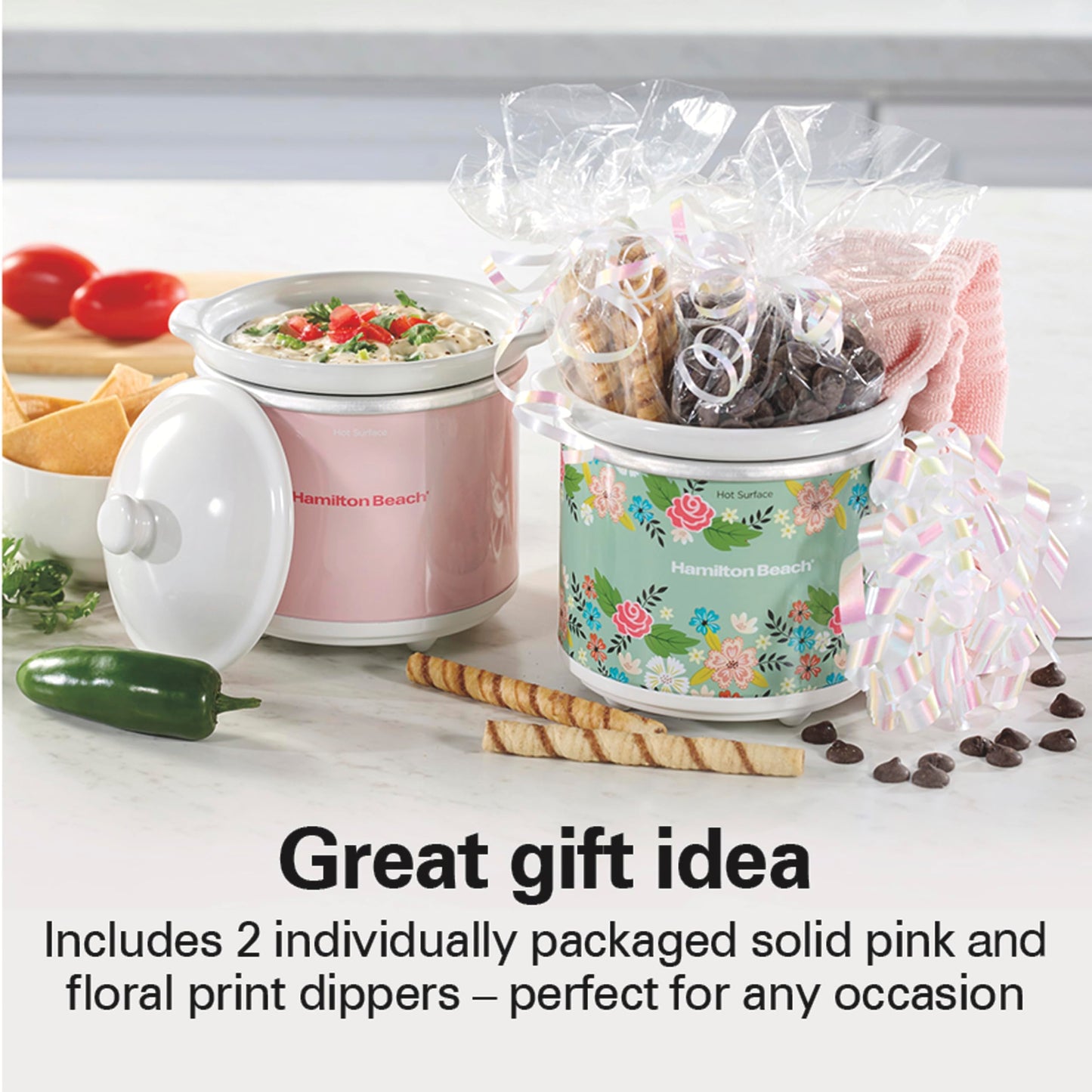 Hamilton Beach Party Dipper Electric Food Warmer Twin Pack, Great for Entertaining and Gifts, 20 oz. Capacity, For Desserts, Dips, Sauces, Cheeses, Solid Pink and Colorful Floral Print (33102)