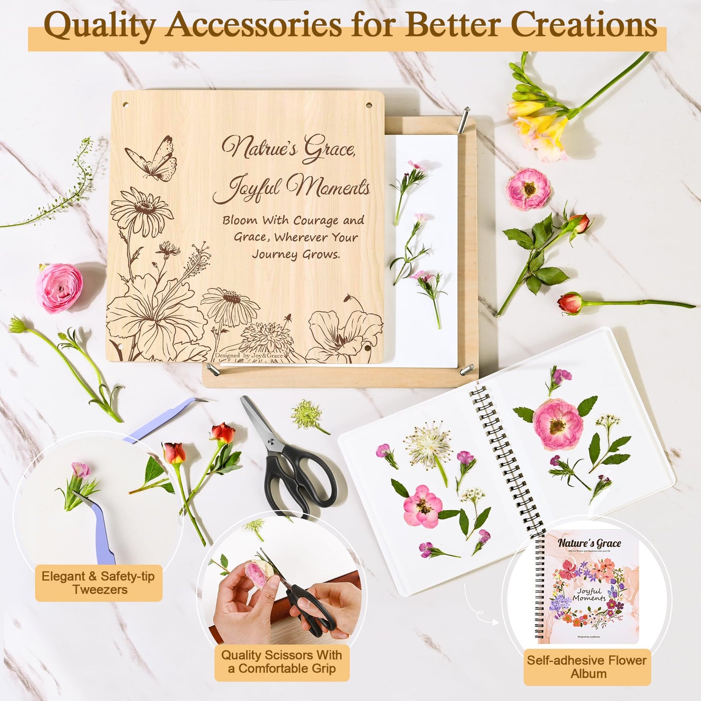 Joy&Grace Large Flower Press Kit for Adults with Designed Cover and DIY Album, 27.7 x 27.7 cm 10 Layers Plant Press and Plant Drying Toolkit, Flower Preservation Kit (Color Box, Natural Wood)