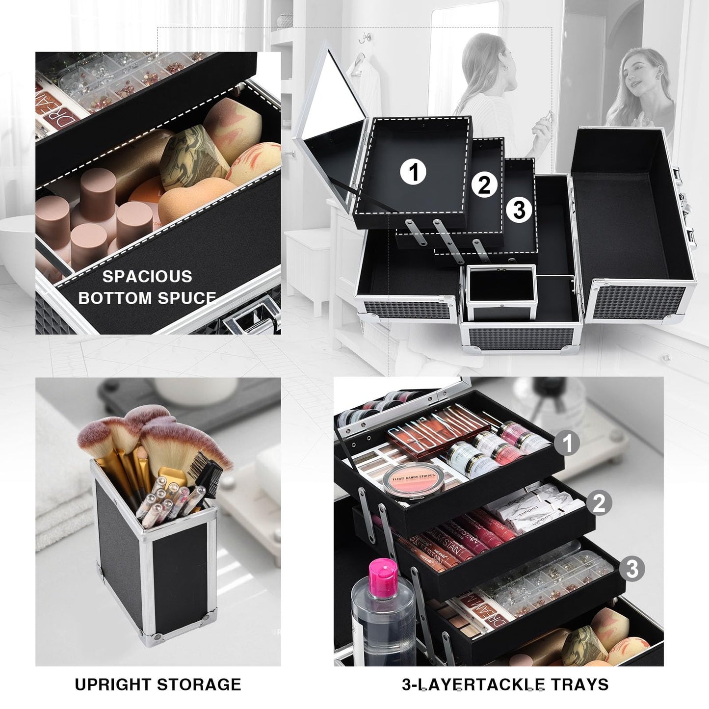 Joligrace Makeup Box Organizer 11.8 Inch Large Makeup Case 3-Tray with Mirror Carrying Make-up Train Case with Brush Holder Locking Portable Cosmetic Travel Storage Shiny Black