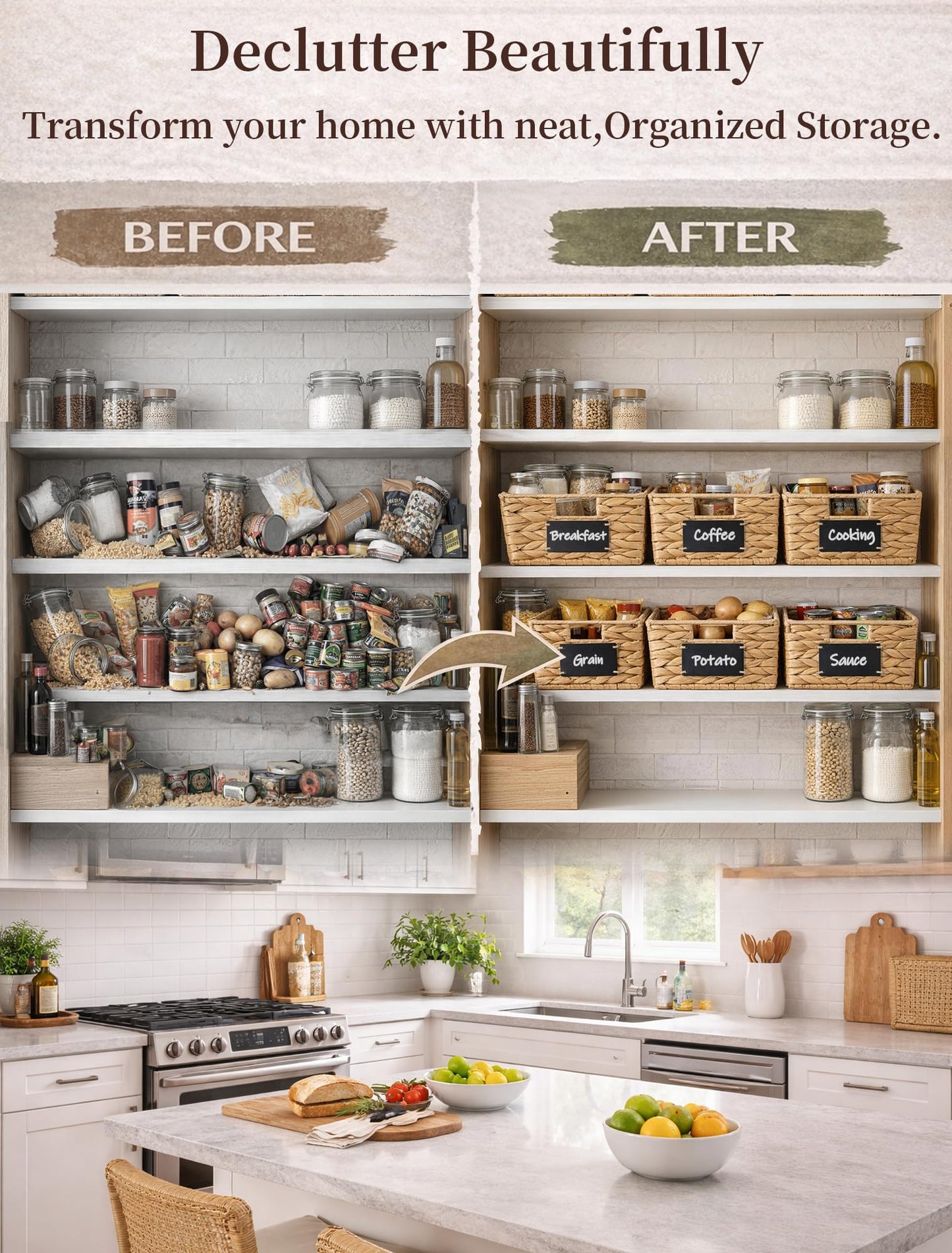 Panovox Pantry Organizers and Storage, Water Hyacinth Storage Baskets for Shelves, Natural Baskets for Organizing, Pantry Baskets with Chalkboard Labels and Marker
