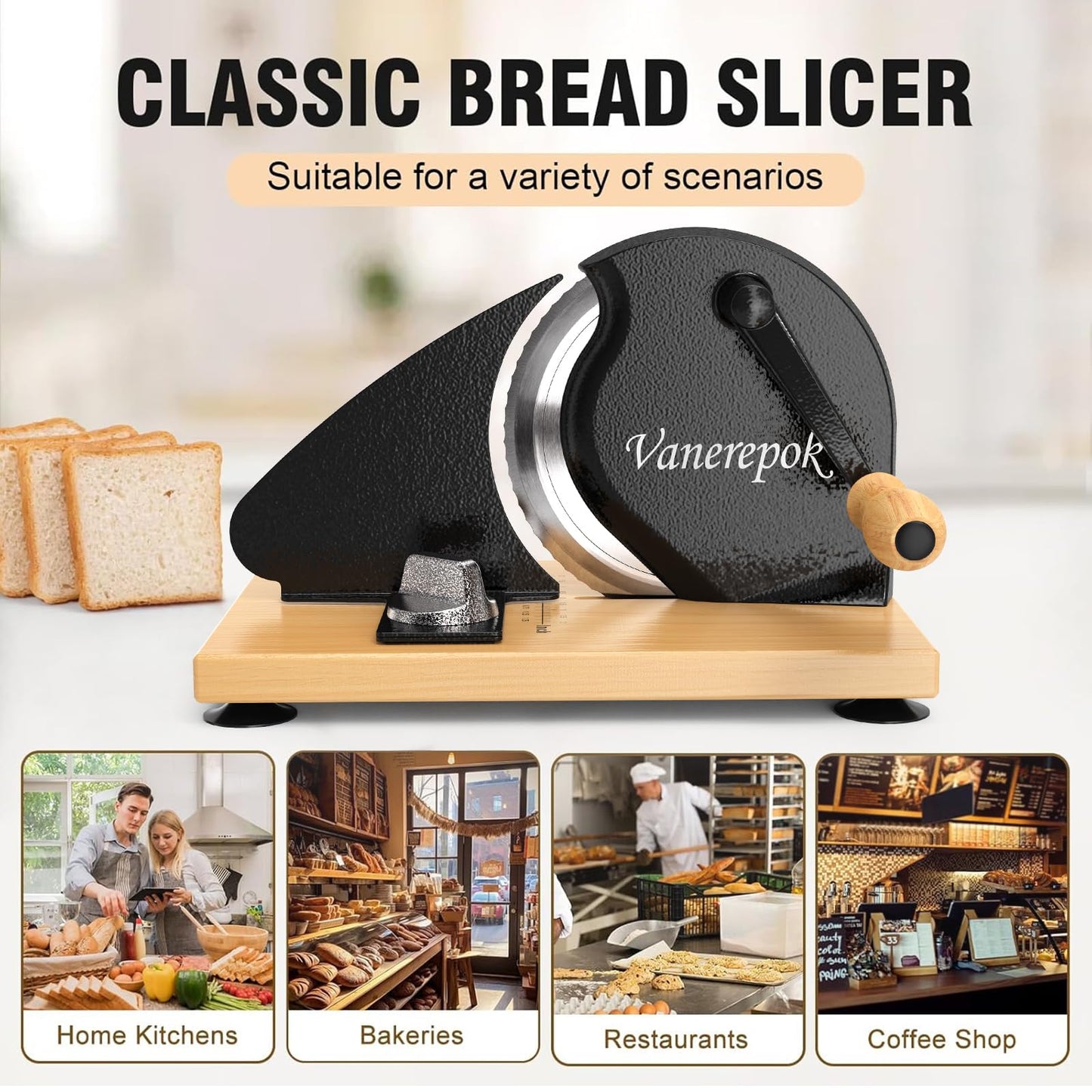 vanerepok Manual Bread Slicer for Homemade Sourdough Bread Versatile Hand Crank Bread Slicer for Sourdough Crusty Bread Etc Stainless Steel Slicers Adjustable Width for Homemade & Commercial Use