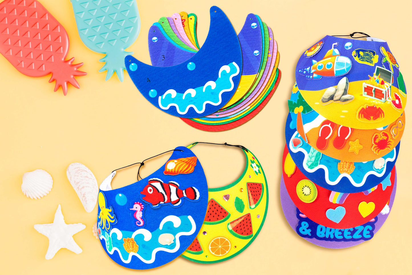 30Sets Summer Felt Visor Hats Crafts Kits for Kids Bulk, DIY Beach Sun Visor Hat Activities with Stickers for Hawaiian/Luau/Under-the-Sea Party Supplies
