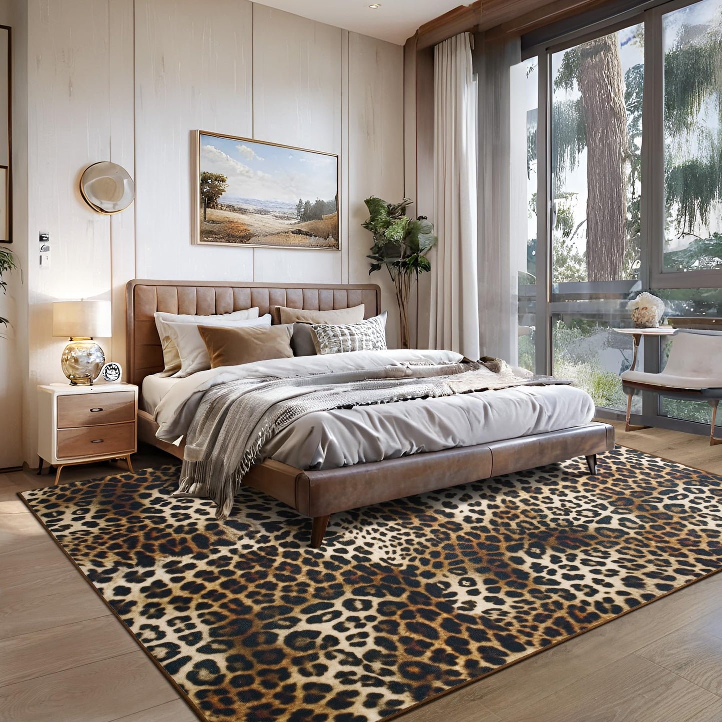 Foxmas Leopard Area Rugs for Living Room, 5x7 Feet Machine Washable Cheetah Print Rug, Non-Slip Indoor Floor Animal Rug, Carpet for Bedroom Dining Room Laundry Room Kitchen Home Office, Dark Brown