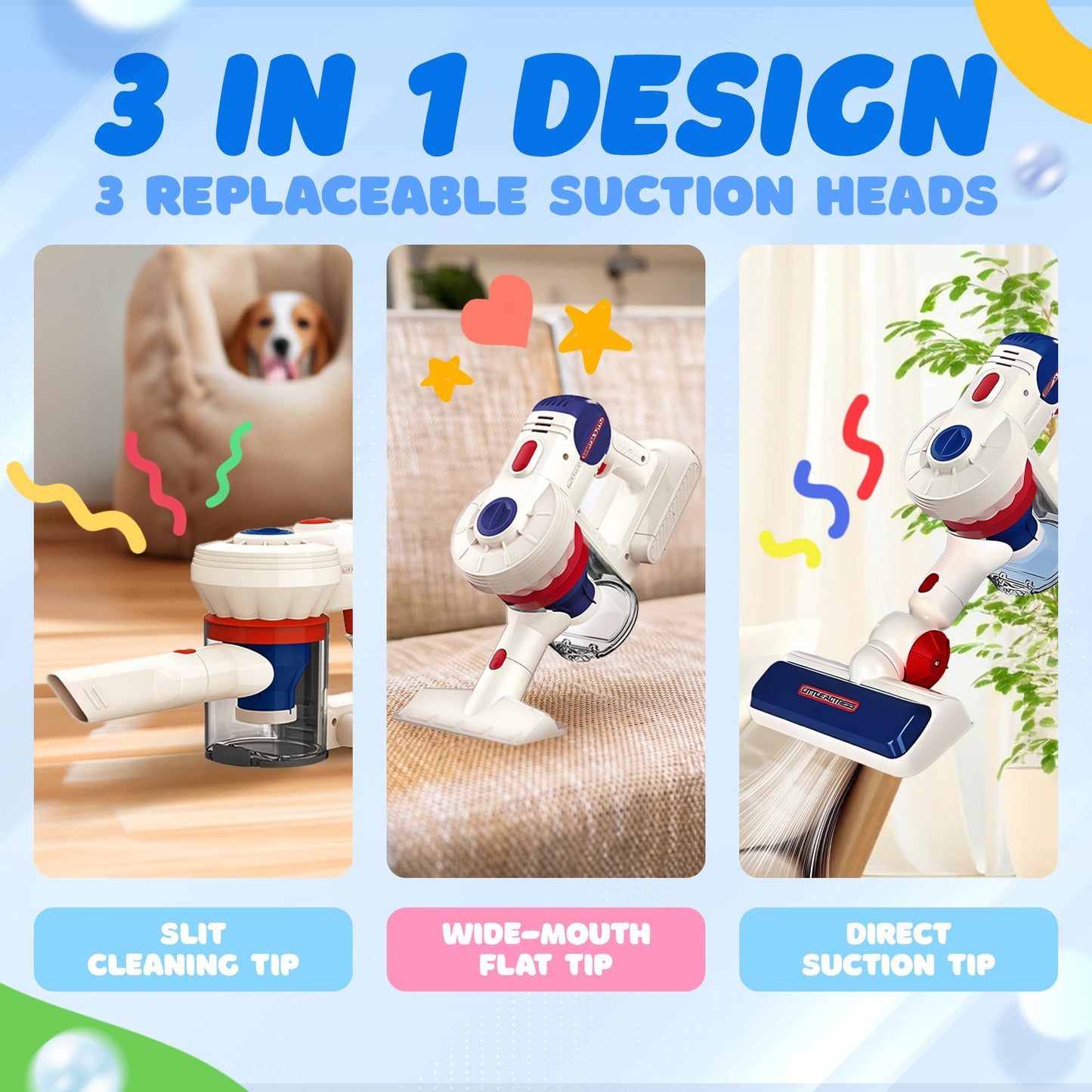 Kids Vacuum That Really Works, SMILESSKIDDO Kids Cleaning Toy Set - 3 in 1 Suction Design & Safe Material Toy Vacuum - Perfect Montessori Pretend Vacuum for Toddlers 3-8
