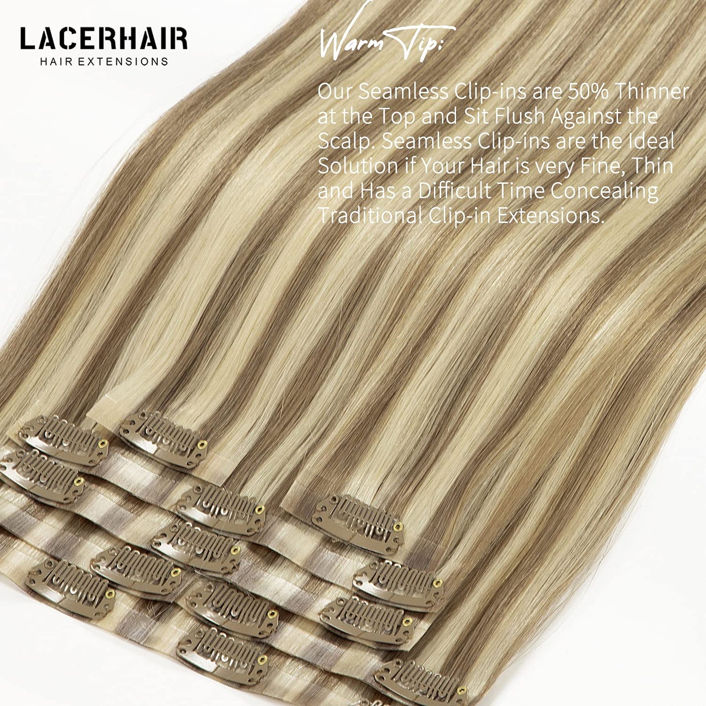 Lacer Hair Seamless Clip in Hair Extensions Human Hair Highlight Color Light Brown with Platinum Blonde 8pcs Invisible PU Skin Weft Straight Natural Remy Hair Extensions Clip in for Women 20 Inch 115g