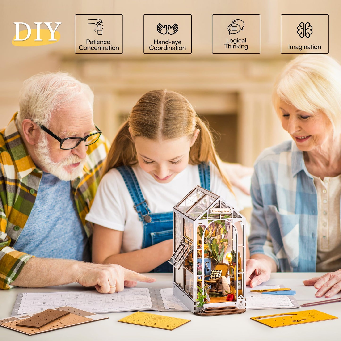 ROBOTIME Book Nook Kit - DIY Miniature House Kit, 3D Wooden Puzzle Booknook, Bookend Bookshelf Insert Decor with LED Light, DollhouseTiny House Hobby Diorama Kit Unique Gifts (Garden House)