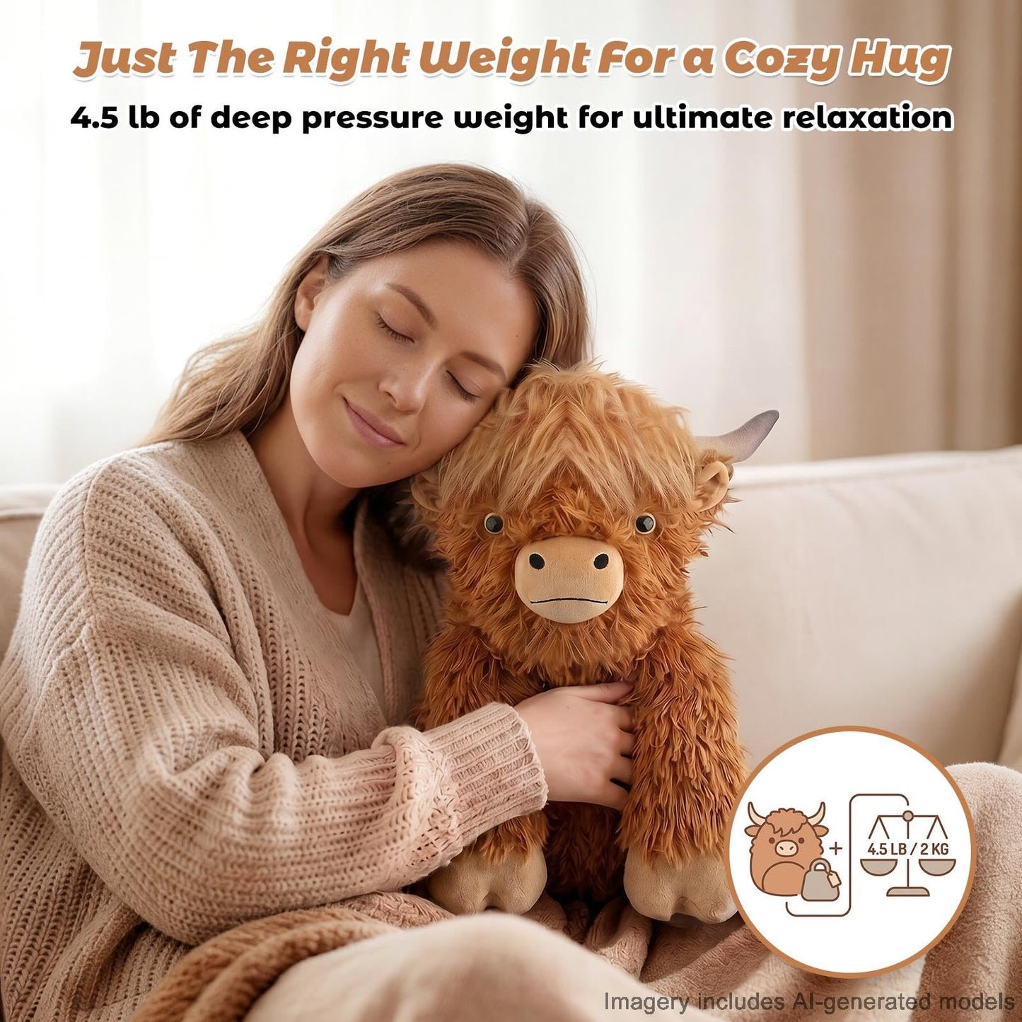24" & 4.5 lbs Highland Cow Weighted Stuffed Animal, Adjustable Sitting & Laying Plush Toy Pillows with Removable Ceramsite Bag for Companion, Cuddly & Soft Gifts for Adults, Kids, Boys and Girls