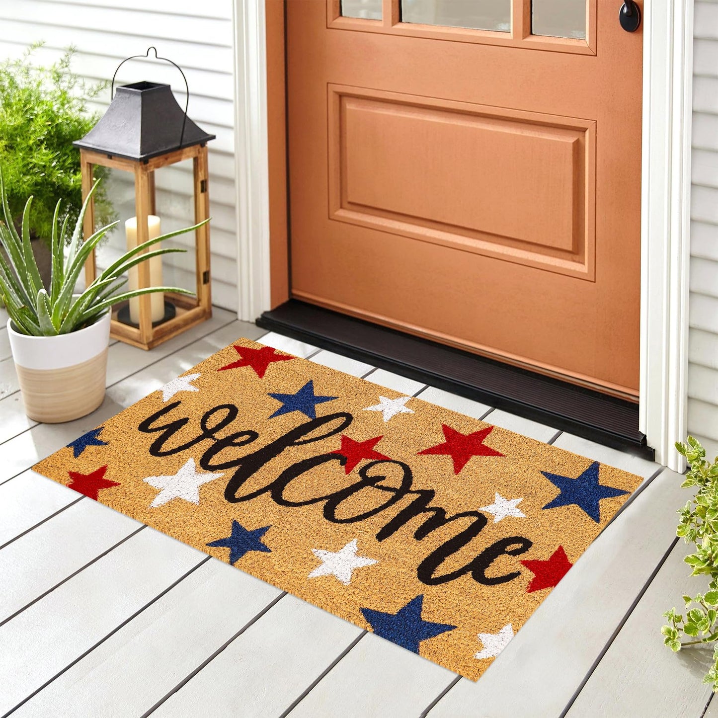Whaline Patriotic Natural Coir Door Mat 4th of July Red Blue White Star Welcome Doormat Non-Slip Entrance Door Rugs for 250th Anniversary Independence Day Home Decor, 16.5 x 29 Inch