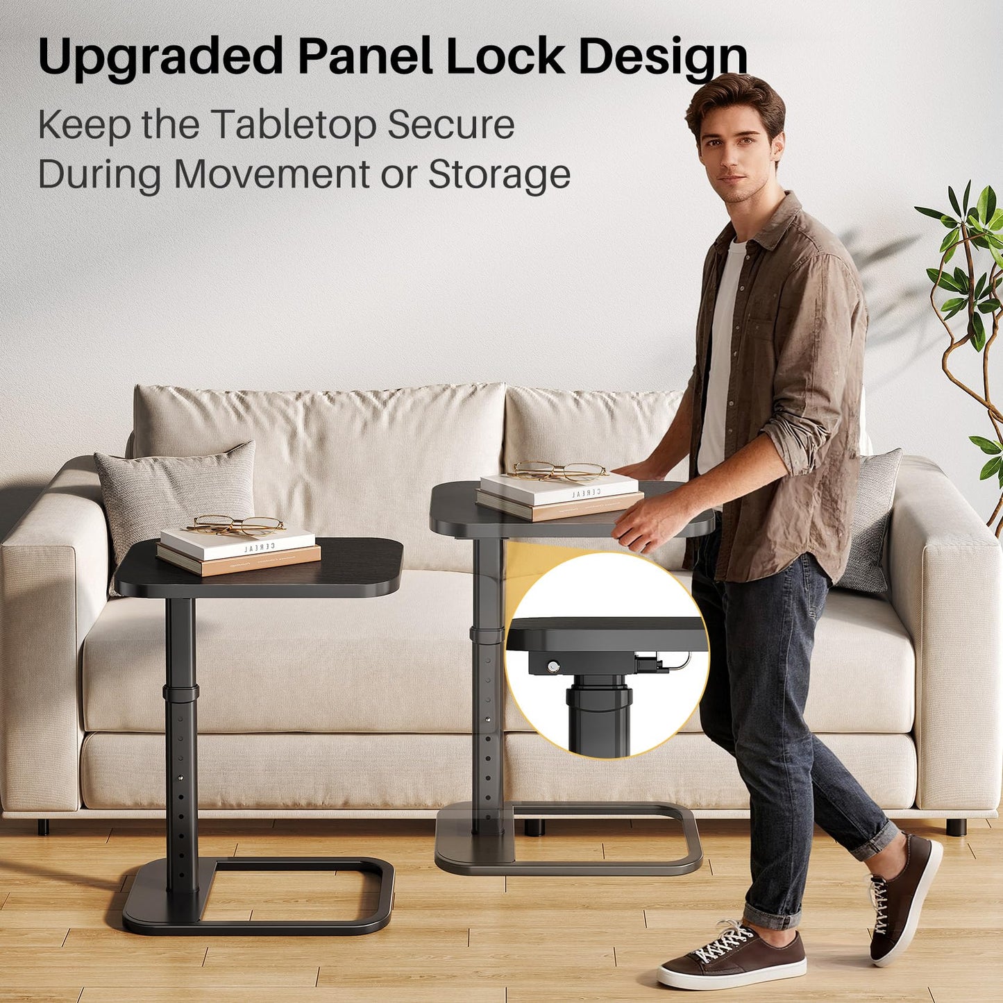 Branwick Adjustable Height TV Tray Table for Couch Eating & Small Spaces, Flip-Top Sofa Side Table with Safe Rounded Corners for Living Room, Bedroom & Apartment, Portable Laptop Snack Table, Black