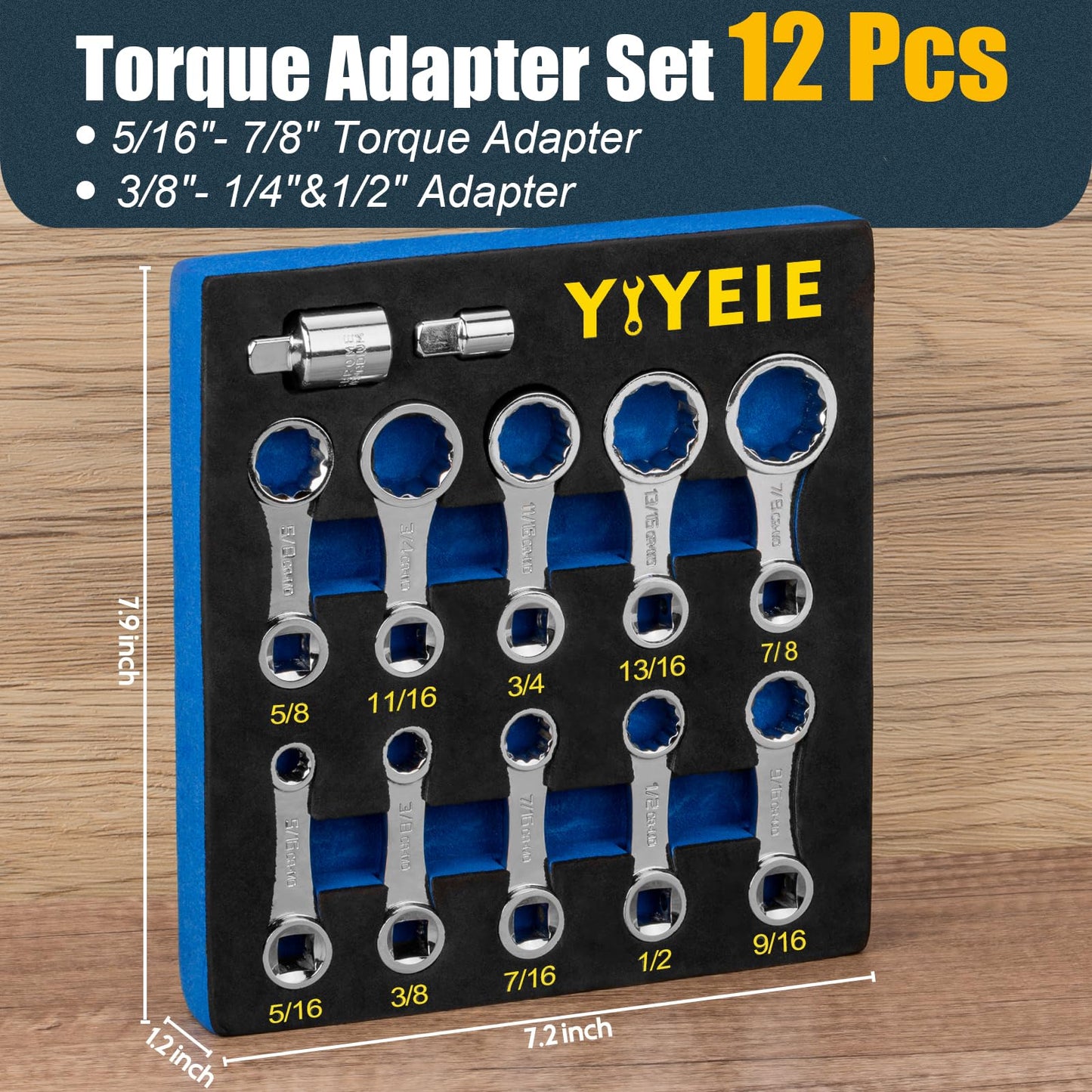 YIYEIE 12PCS Torque Adapter Set SAE, 5/16", 3/8", 7/16", 1/2", 9/16", 5/8", 11/16", 3/4", 13/16", 7/8", 3/8" Drive Torque Wrench Adapter, 12 Point Torque Extender Adapter with 1/2" + 1/4" Adapter