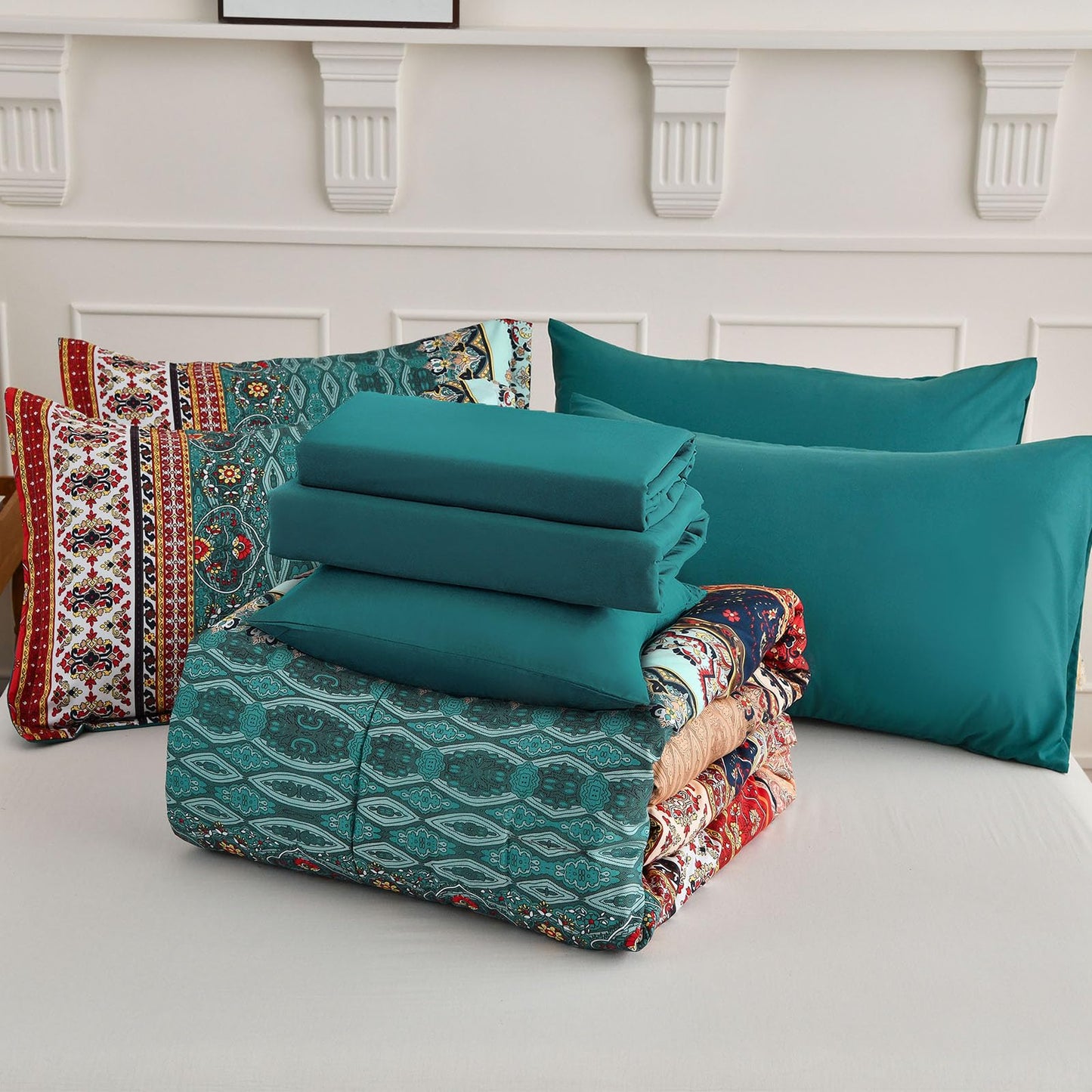 Cottolester Boho Queen Size Comforter Set 8 Pieces,Green and Brown Bohemian Striped Bed in a Bag,Floral Soft Microfiber Bedding Comforter Set