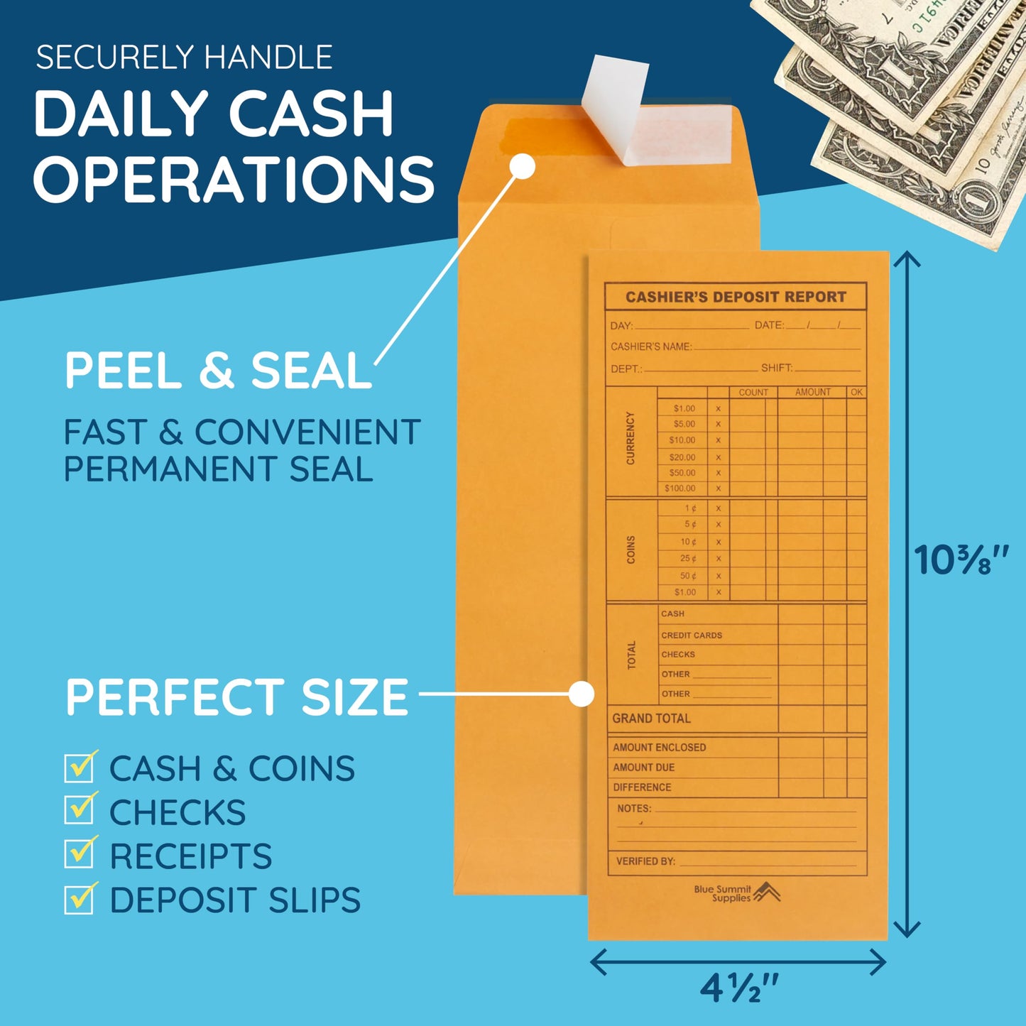 Blue Summit 500 Cash Deposit Envelopes, Cash Drop Envelopes for Small Business, Retail & Restaurant, Money Deposits, Bank, Cashier Use, 24lb Brown Kraft, Peel & Seal, 4 1/2" x 10 3/8", 500 Count