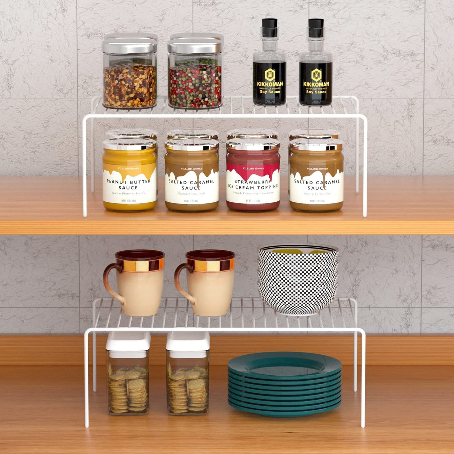 iPEGTOP Set of 6 Large (15.7 x 9.4 Inch) Kitchen Cabinet Organizer Shelf, Wire Freezer Storage Shelves Rack, Rustproof Steel Metal Shelf Riser for Dish Plates Pantry Cupboard Organization, White