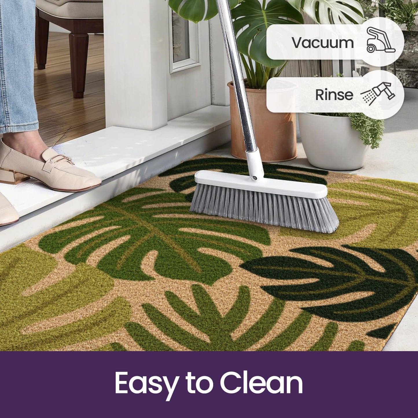 DEXI Front Door Mat Outside Entrance Coir, 2x3 Heavy Duty Entry Summer Tropical Plant Doormat, Non Slip Entryway Floor Dirt Trapper for Porch Patio, Green Monstera Leaves
