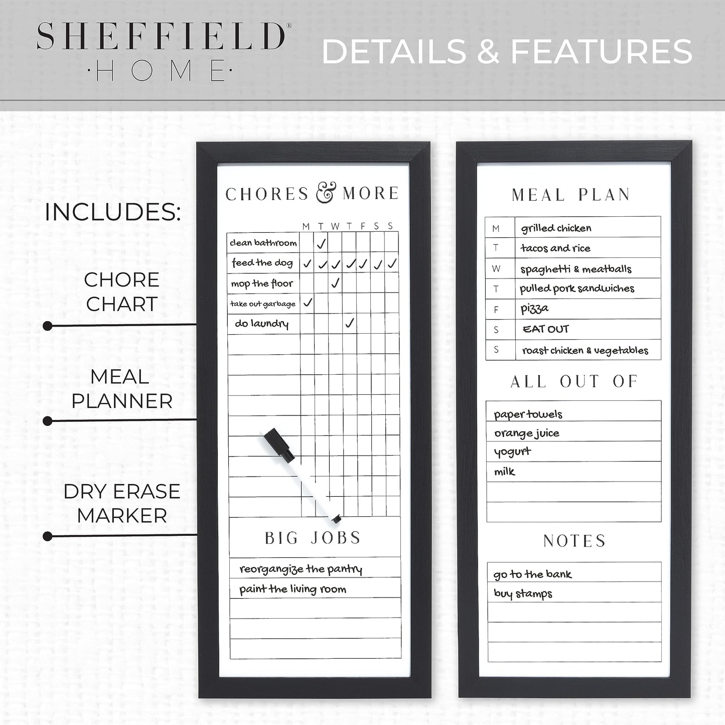 Sheffield Home Set of Two Family Planner Dry Erase Boards Featuring, Chore Chart, Shopping List, Weekly Meal Planner and Notes, 9x21 Inch, Black