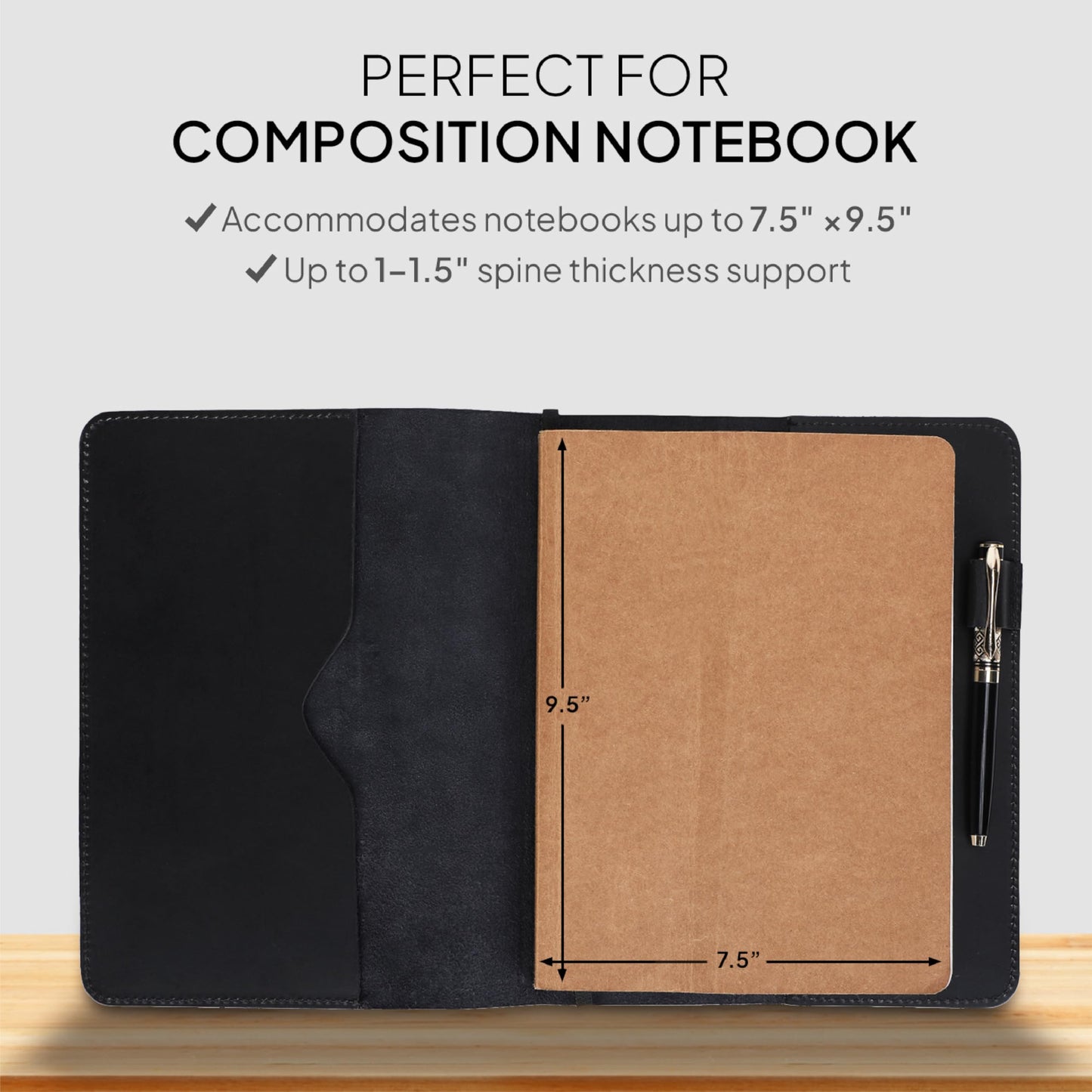 TheAntiq XL Leather Journal Cover Black 7.5 x 9.5 Inch – Refillable Genuine Leather Cover for Composition Notebook, B5 Planner & Diary – Handmade Protective Travel Writing Case