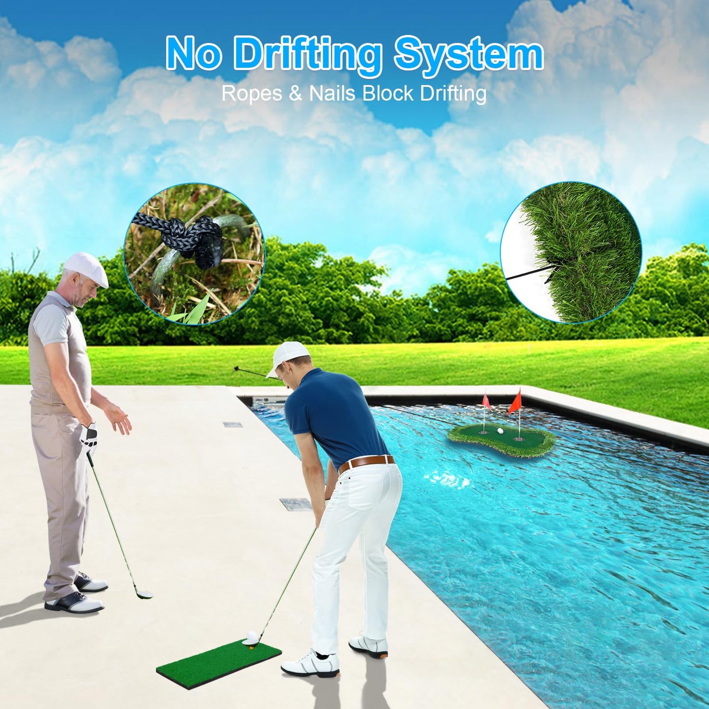 Chriiena Floating Golf Green for Pool/Lake, Floating Chipping Mat with Ball Retriever & Anti-Drift Ropes - Stable Golf Putting Practice Game Set for Golfers (35.4x23.6 in)