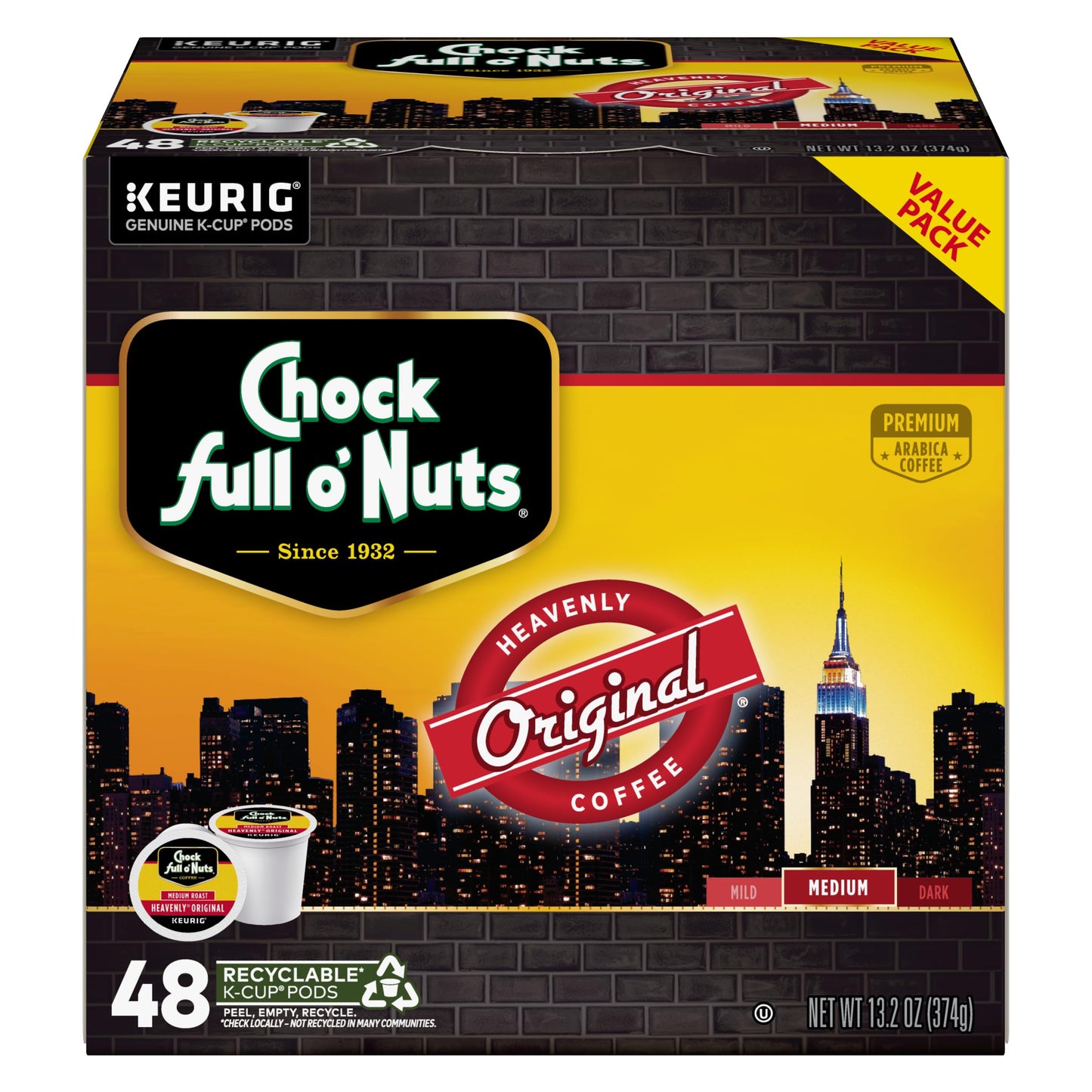 Chock Full o' Nuts Heavenly Original Keurig K-Cup Pods for Keurig Brewers – Premium Arabica, Medium Roast – Single Serve – 1 Pack of 48 K-Cup Pods