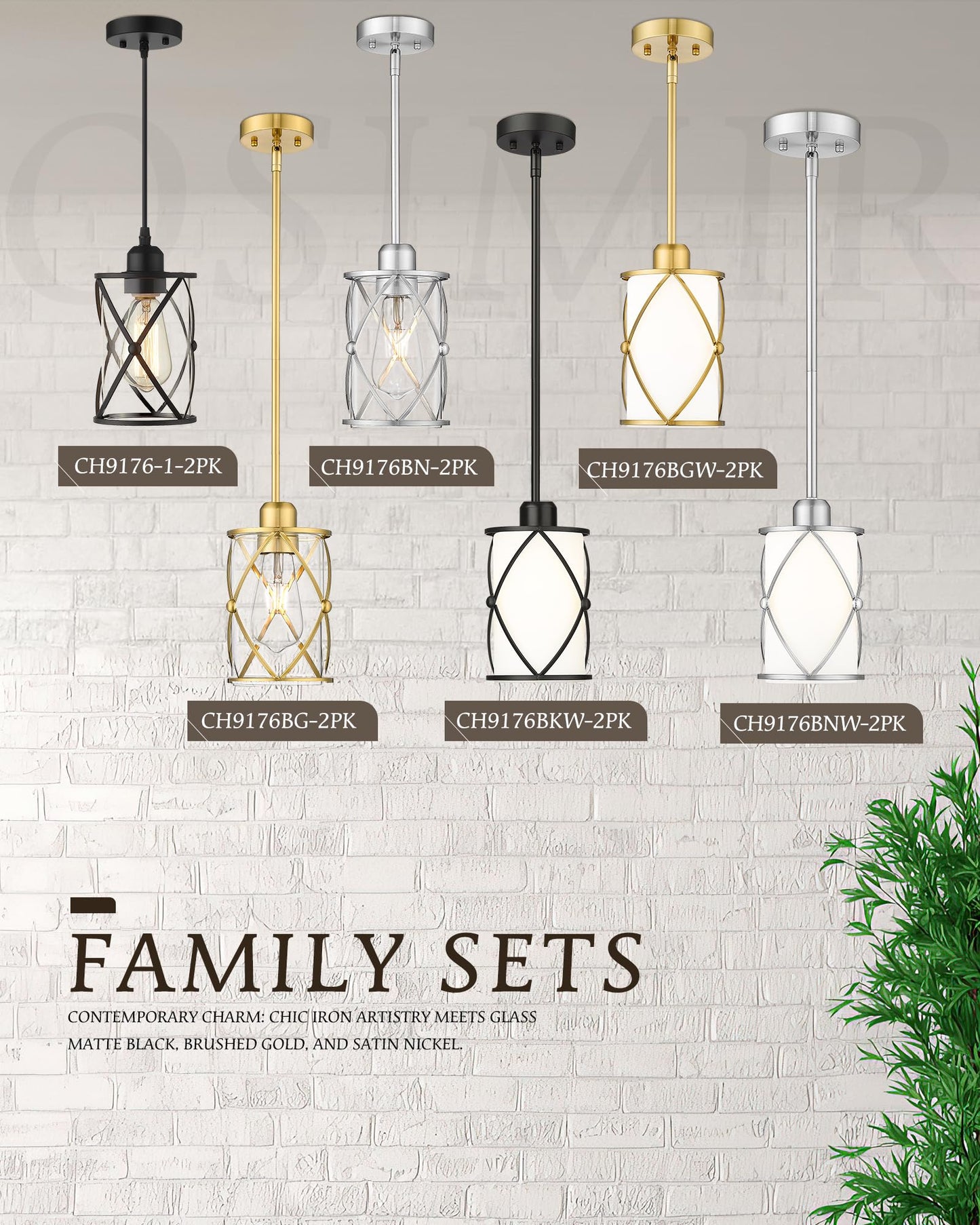 Osimir Glass Pendant Lights Kitchen Island, 2 Pack Modern Black Pendant Light Fixtures with Frosted Glass and Rod, Mid Century Cage Pendant Light for Kitchen Sink Dining Room, CH9176BKW-2PK